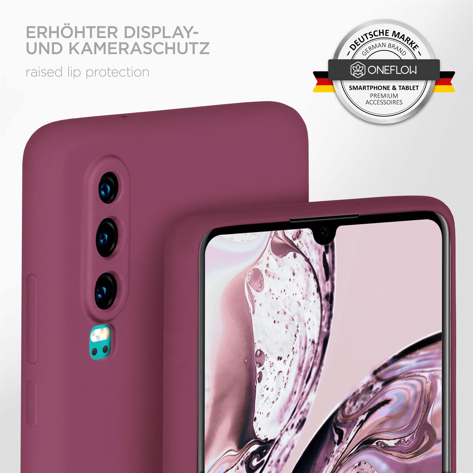 Nahaufnahme eines Telefons mit roter Hülle. Drei Kameras sichtbar.