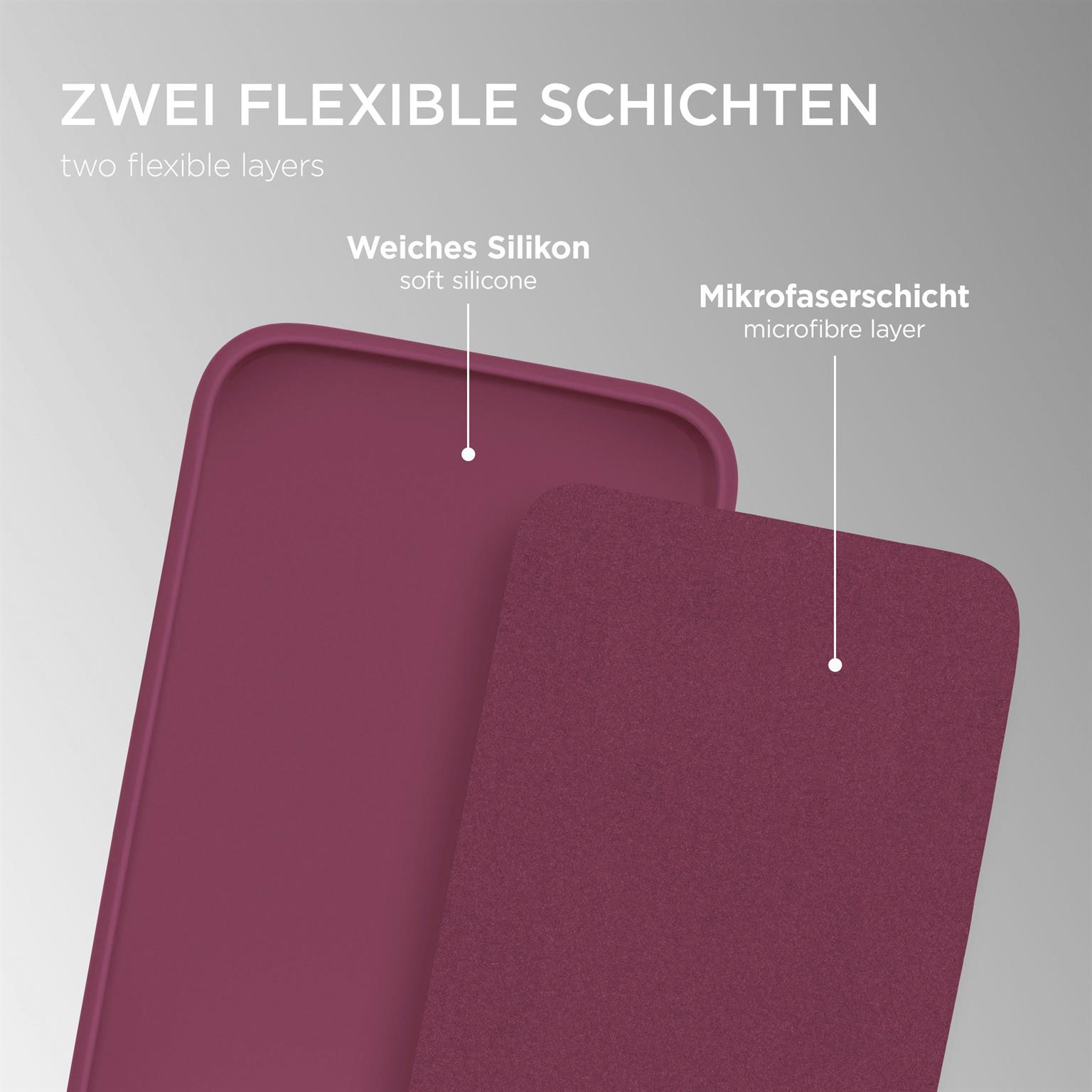 Zwei flexible Handyhüllen-Schichten: weiches burgunderfarbenes Silikon und eine Mikrofaser-Schicht.