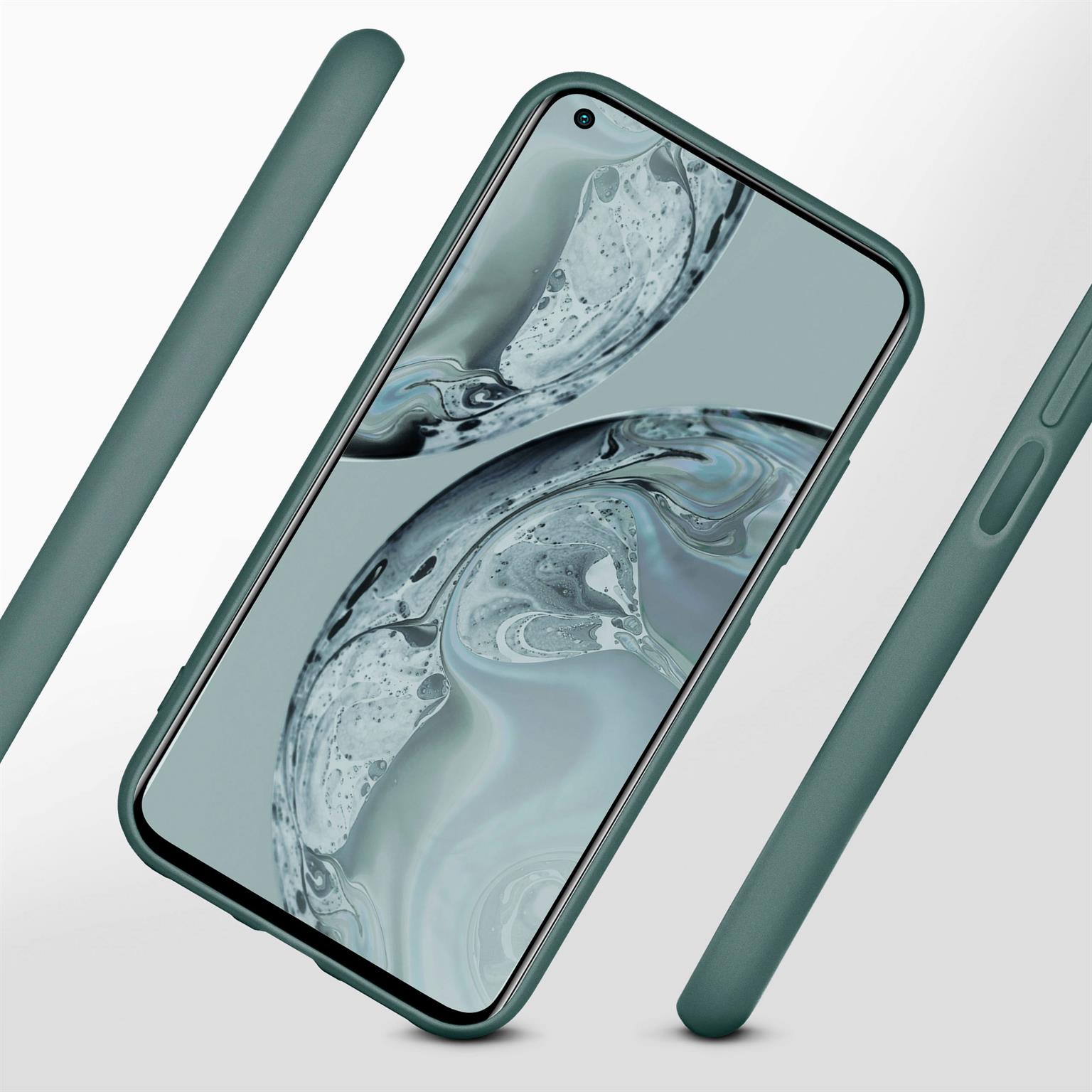 Telefon im Gehäuse. Grünes Gehäuse und Telefon. Der Hintergrund ist weiß.