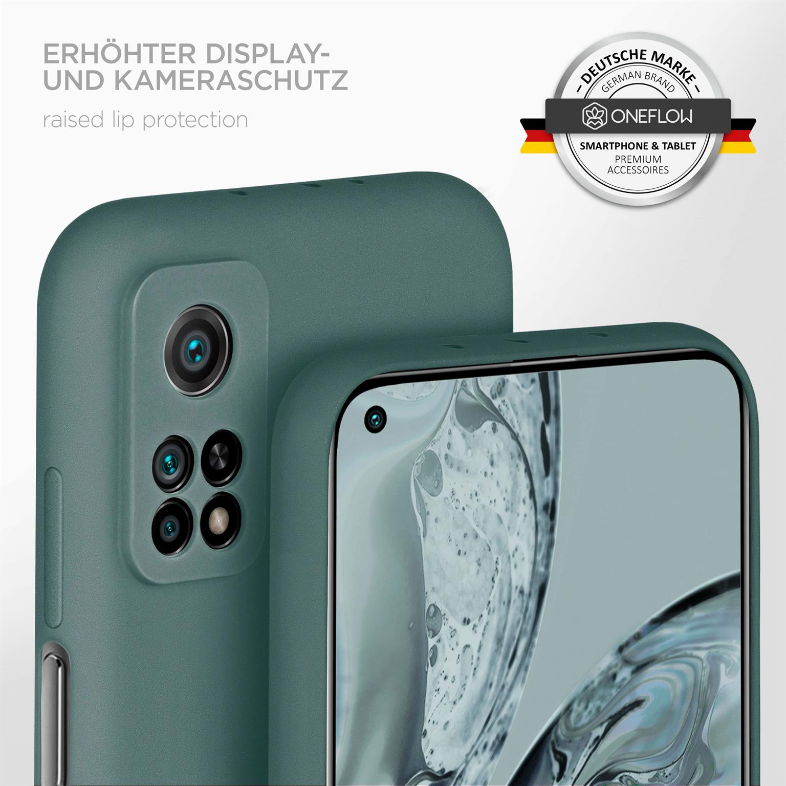 Eine grüne Handyhülle bedeckt ein Telefon mit mehreren Kameras. Oben rechts ist ein Logo.
