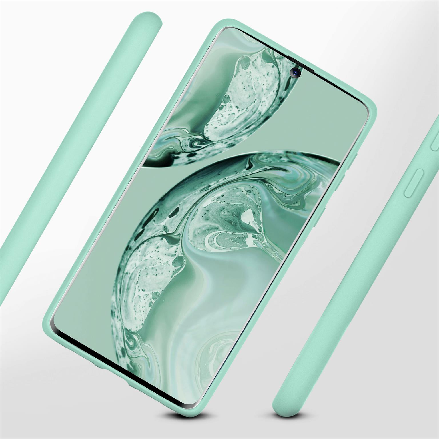Ein mintgrünes Telefon in einer mintgrünen Hülle. Der Telefonbildschirm zeigt ein Design. Der Hintergrund ist weiß.