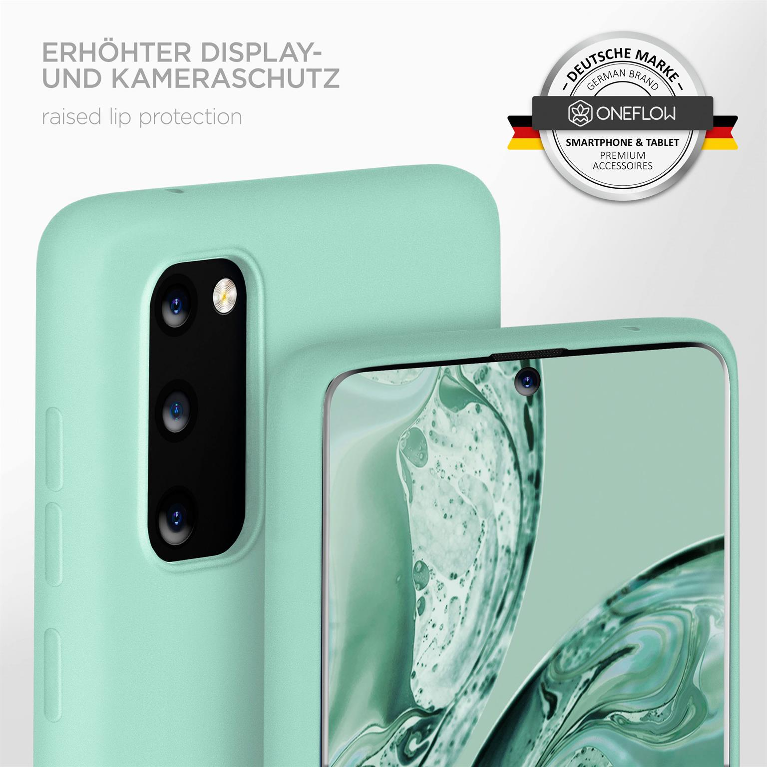 Mintgrüne Handyhülle, die ein Telefon schützt. Text: 'Erhöhter Display- und Kameraschutz' und Logo.