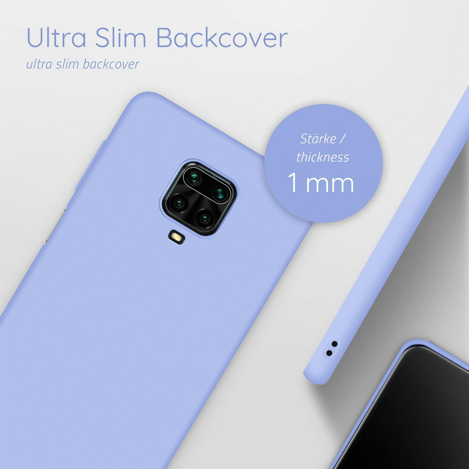 Eine hellblaue Handyhülle. Das Telefon ist nicht in der Hülle. Text sagt Ultra Slim Backcover.