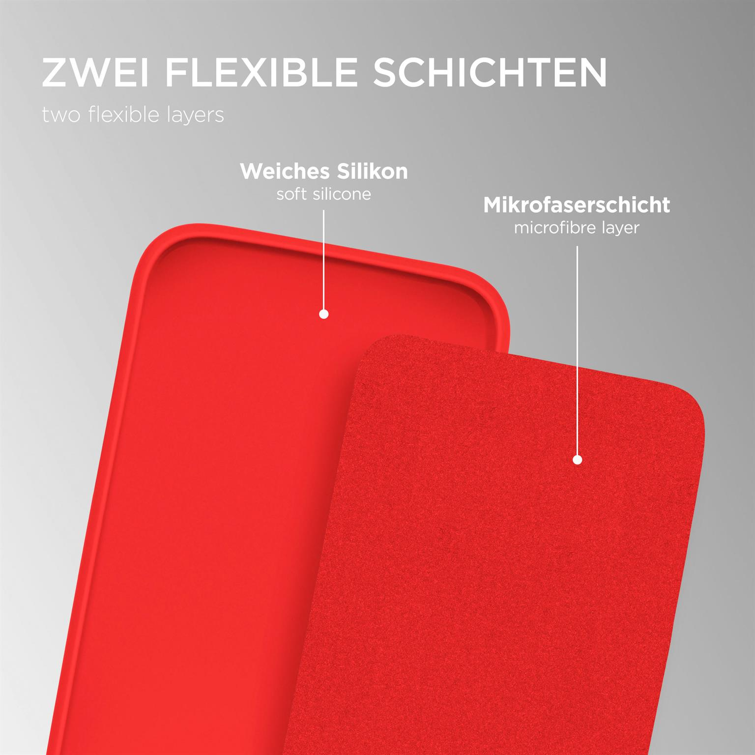Rote Handyhülle mit zwei Schichten: weiches Silikon und Mikrofaser.