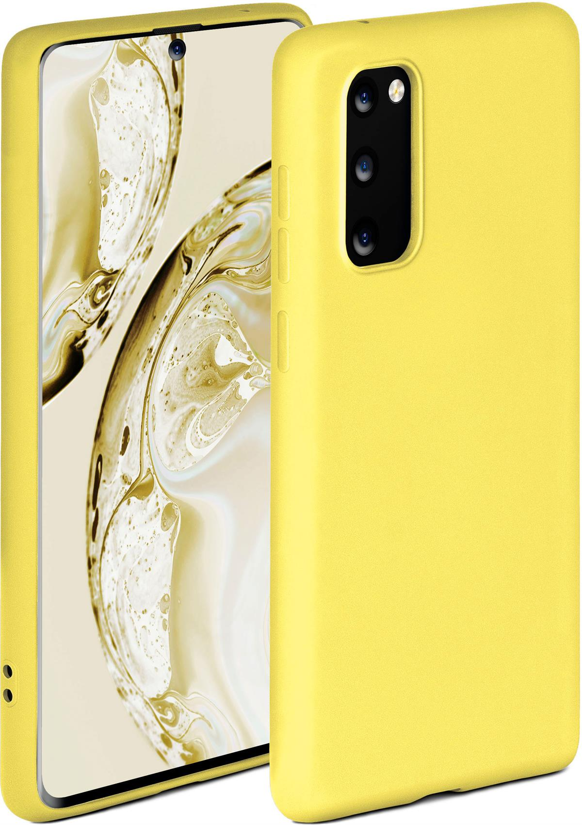 Ein gelbes Telefon in einer gelben Hülle. Der Bildschirm ist sichtbar, und die Hülle hat Kameras.
