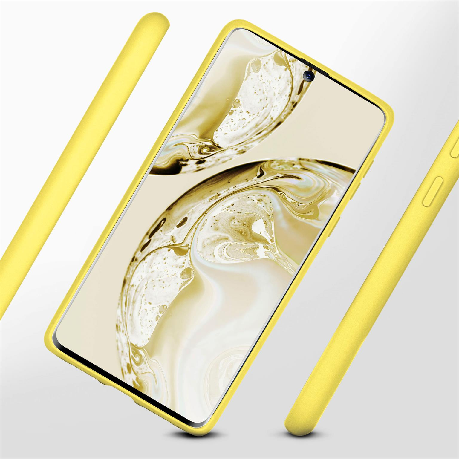 Telefon in gelber Hülle. Hülle angewinkelt. Bildschirm zeigt Design. Weißer Hintergrund.