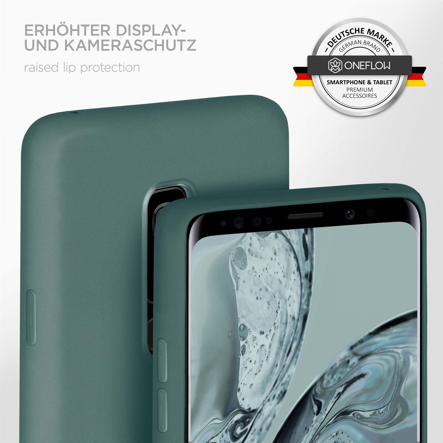 Grüne Handyhülle auf einem schwarzen Telefon. Text: Erhöhter Displayschutz. Logo im Hintergrund.