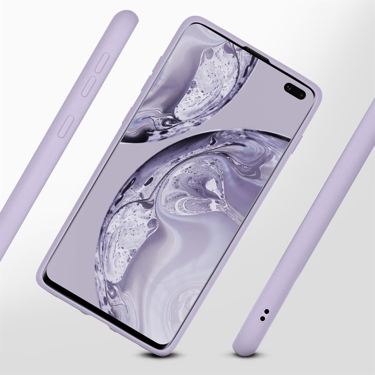 Ein Telefon in einer lila Hülle. Das Telefon ist abgewinkelt, mit zwei ähnlichen Hüllen im Hintergrund.