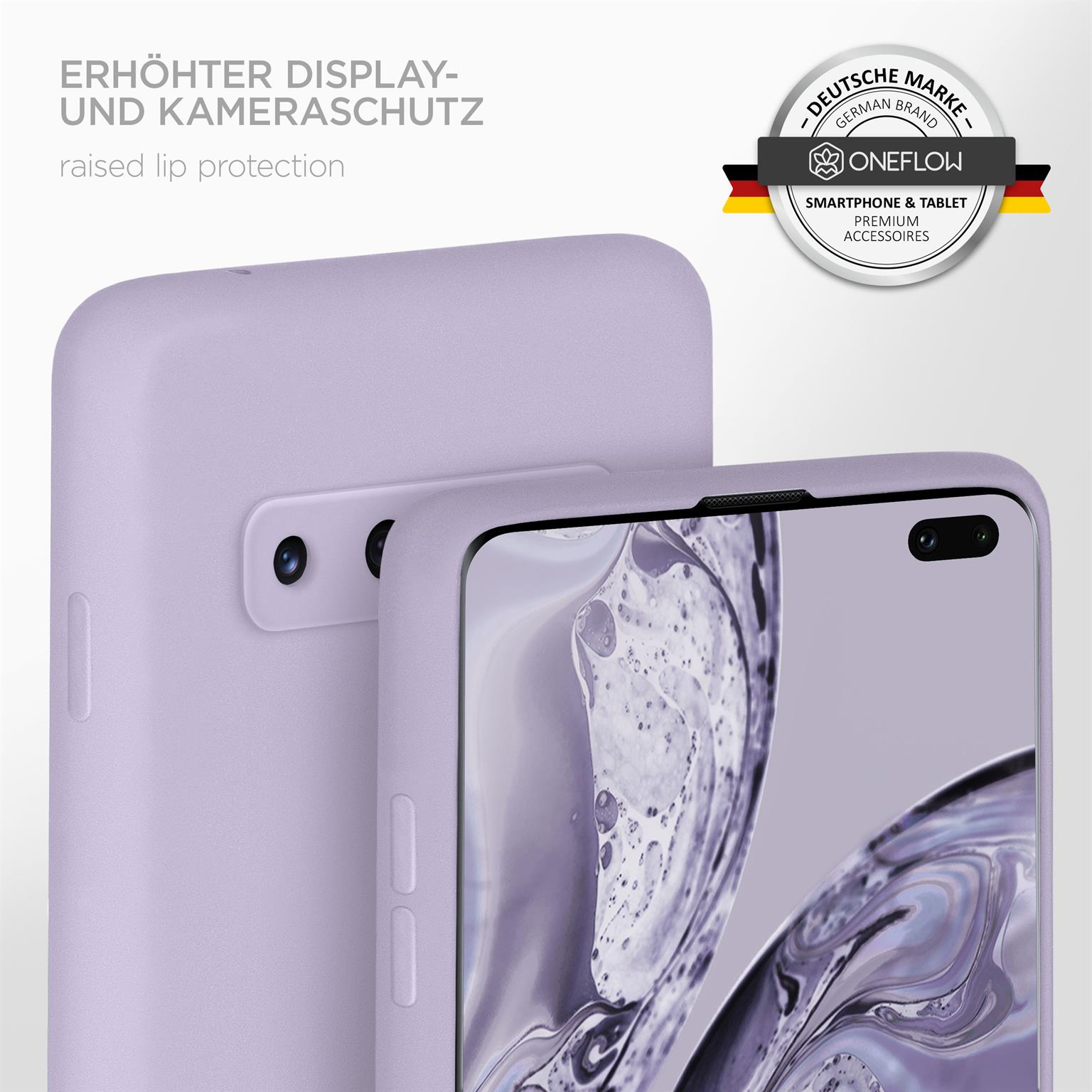 Eine lila Handyhülle mit Telefon, das Telefon hat mehrere Kameras.