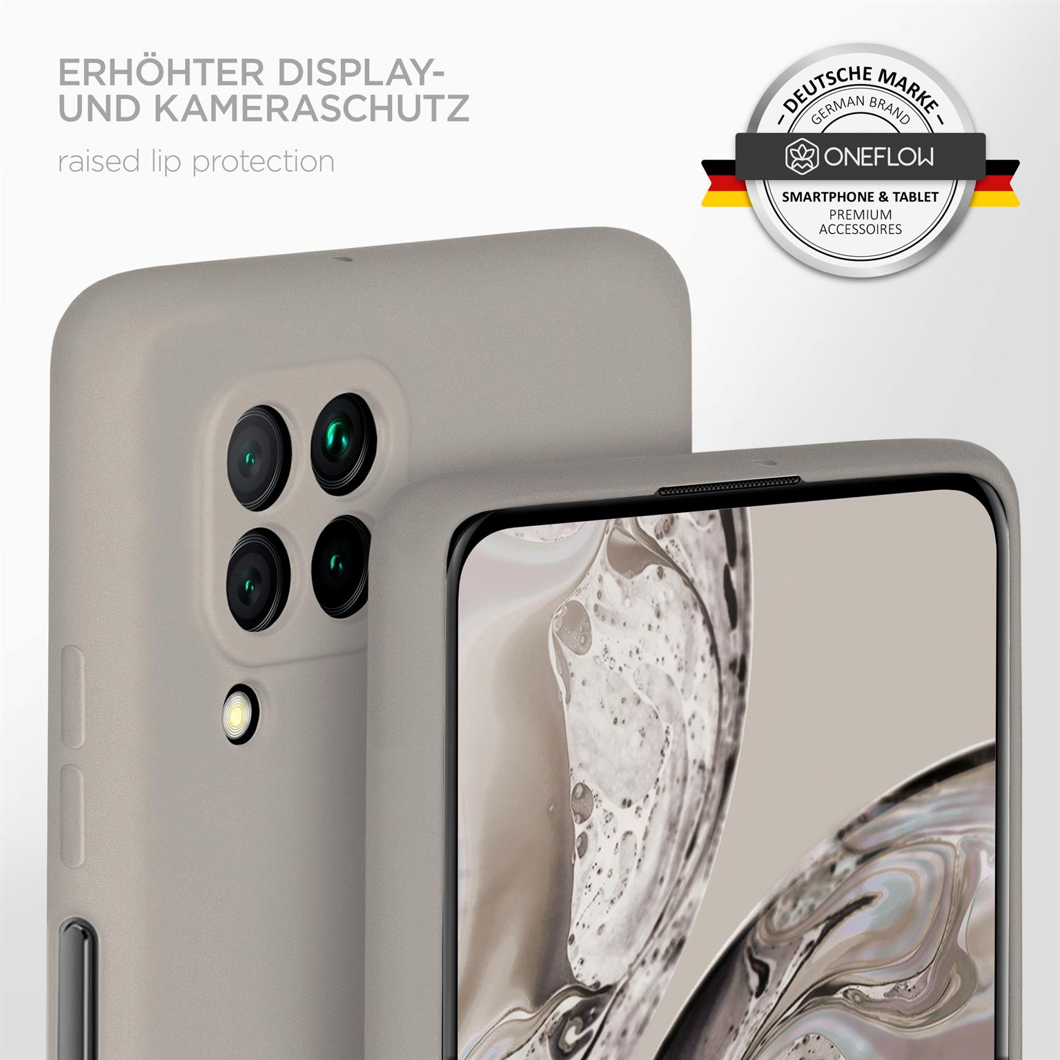 Zwei Telefonhüllen übereinander, Kamera und erhöhter Lippenschutz. Der Hintergrund ist hellgrau.
