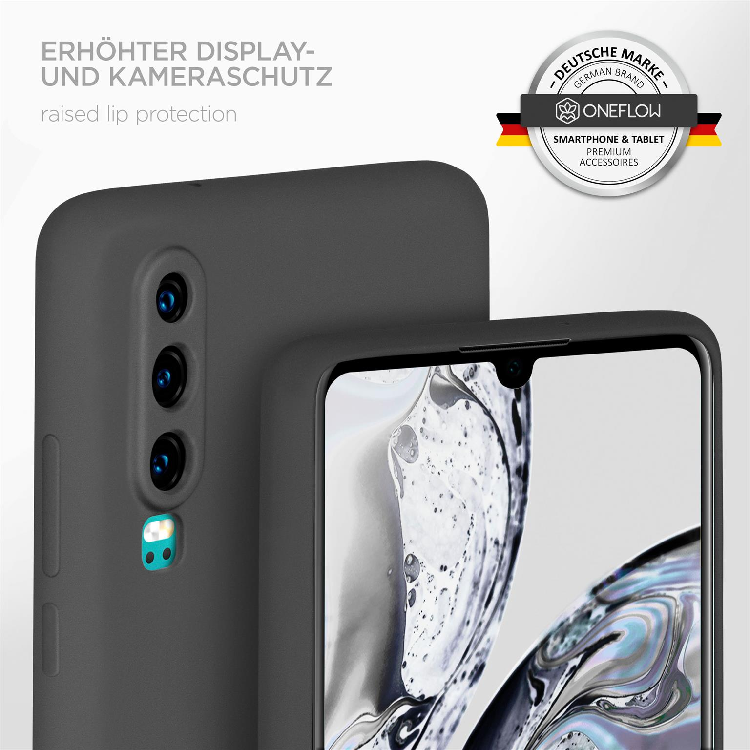 Telefon in schwarzem Gehäuse mit Kameraschutz. Grauer Hintergrund. Erhöhter Lippenschutz Text und Logo.