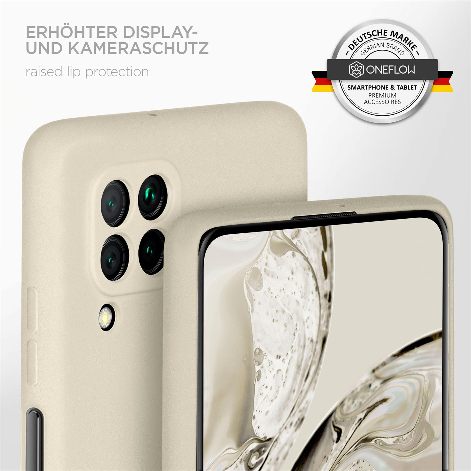 Beige Handyhülle auf Telefon, erhöhte Lippe und Kameraschutz. Text: Deutsche Marke.