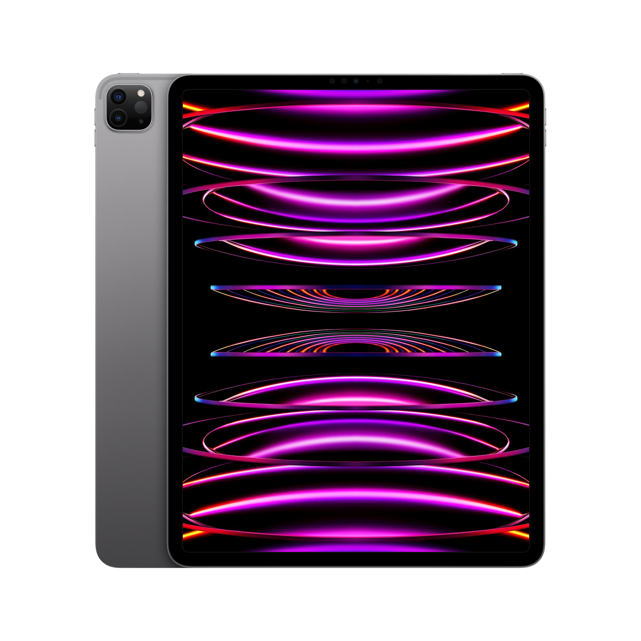 iPad Pro z kolorowym neonowym ekranem i szarym tyłem, na białym tle.