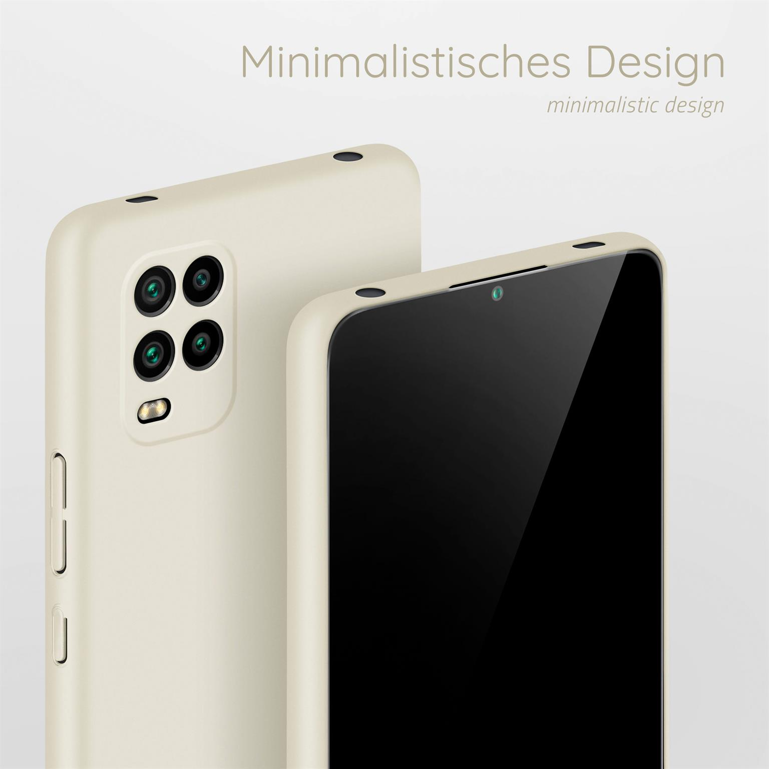 Zwei Telefone, eines cremefarben und eines schwarz, Nahaufnahme. Text: Minimalistisches Design.