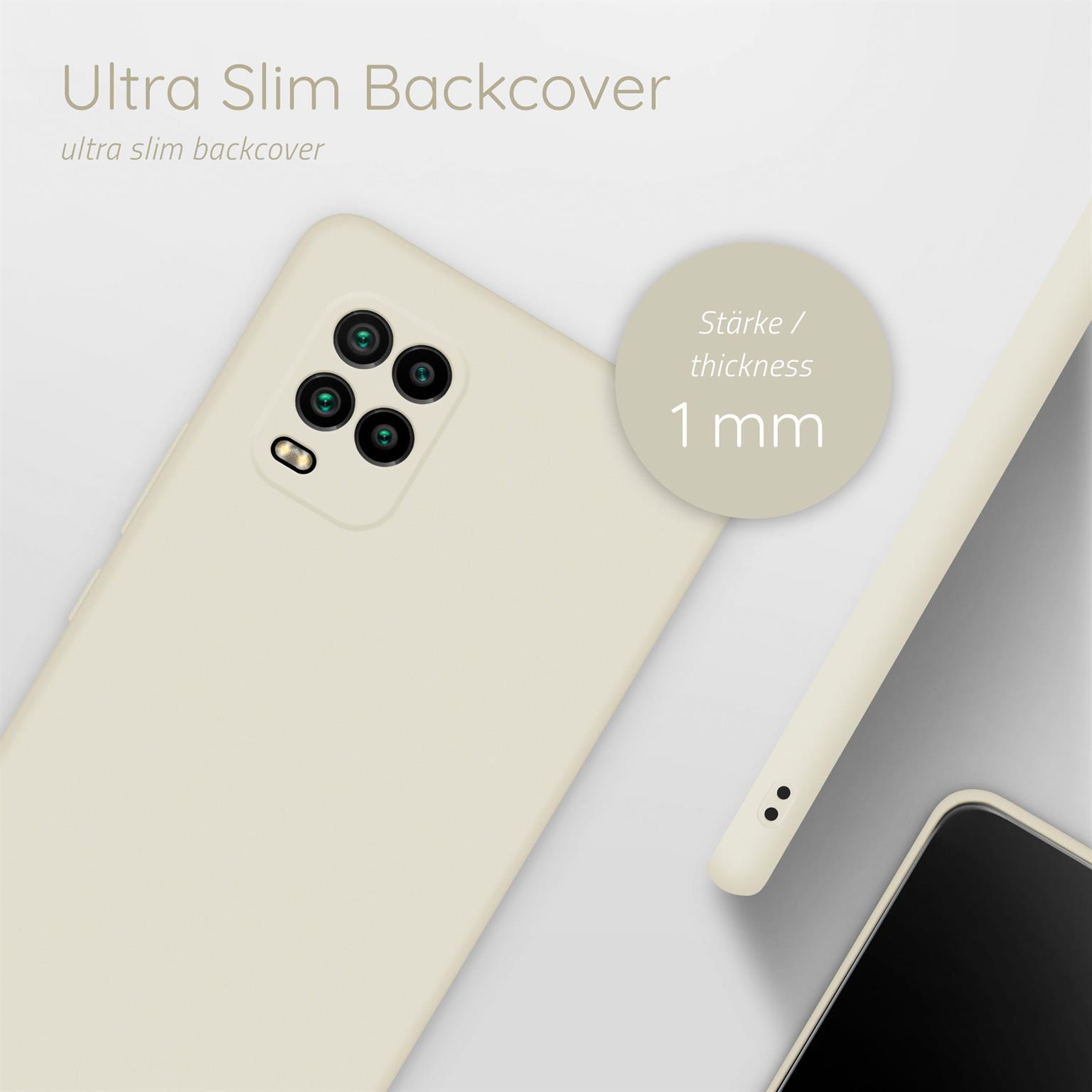 Eine Handyhülle und ein Telefon, Text: ultra schlanke Rückseite, 1 mm Dicke. Die Hülle ist cremefarben.