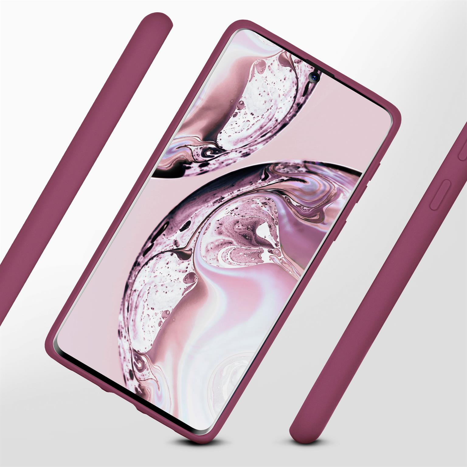 Ein Telefon in einer lila Hülle, zur Kamera geneigt, mit drei lila Balken in der Nähe.