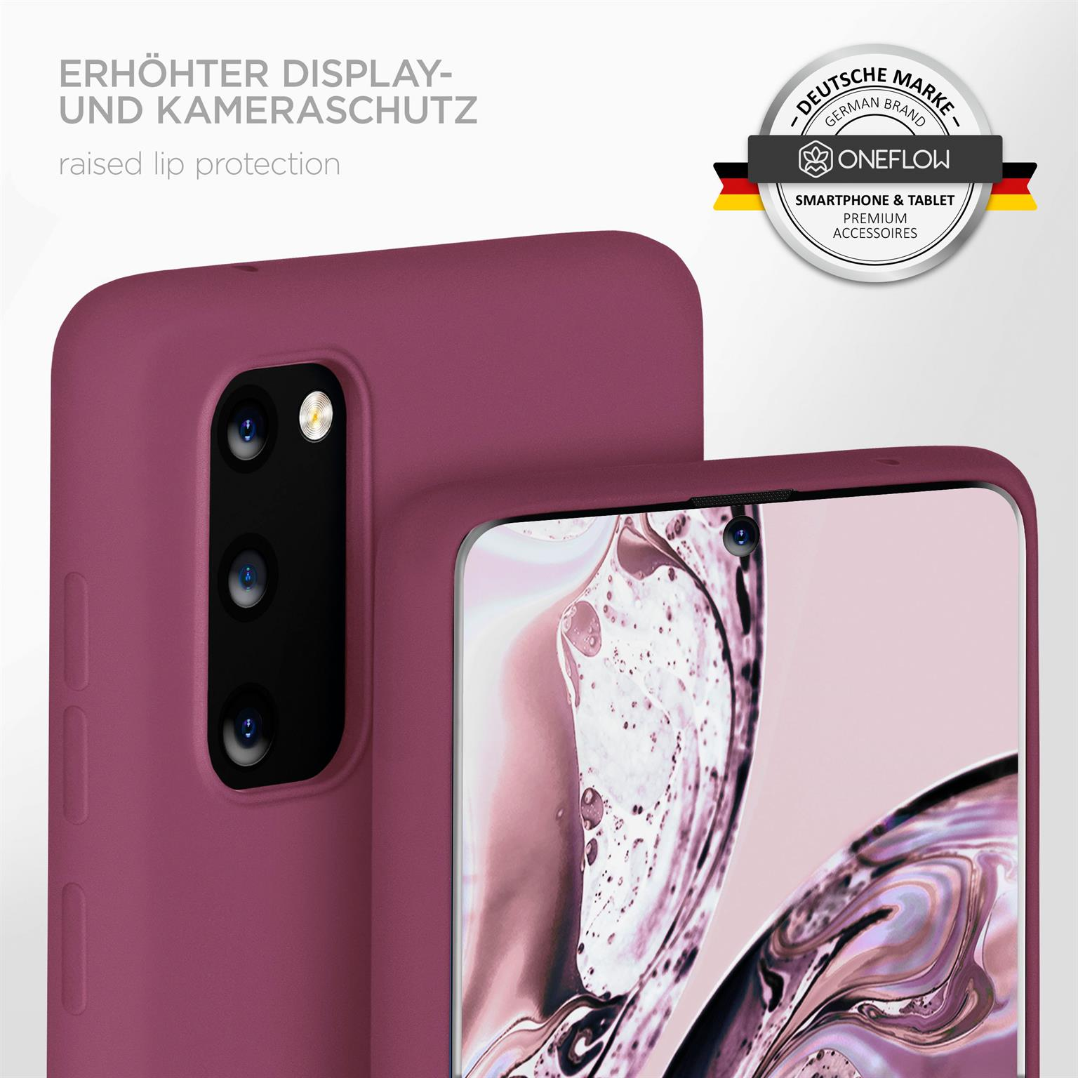Eine lila Handyhülle mit einem Telefon darin. Der Text lautet: erhöhter Lippenschutz und Deutsche Marke.