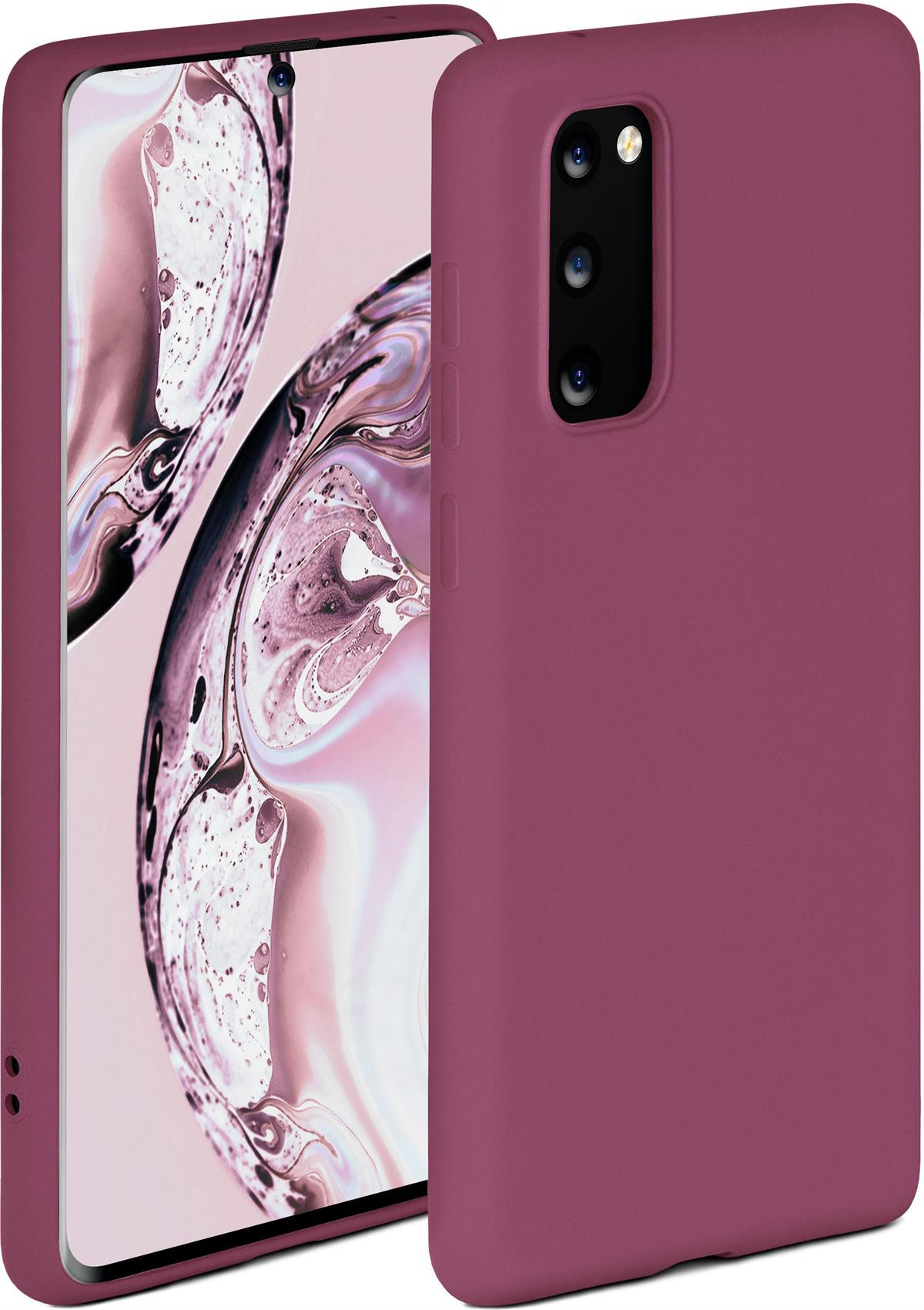 Purpurrote Handyhülle mit einem Telefon darin. Das Telefon zeigt einen verschwommenen Hintergrund.