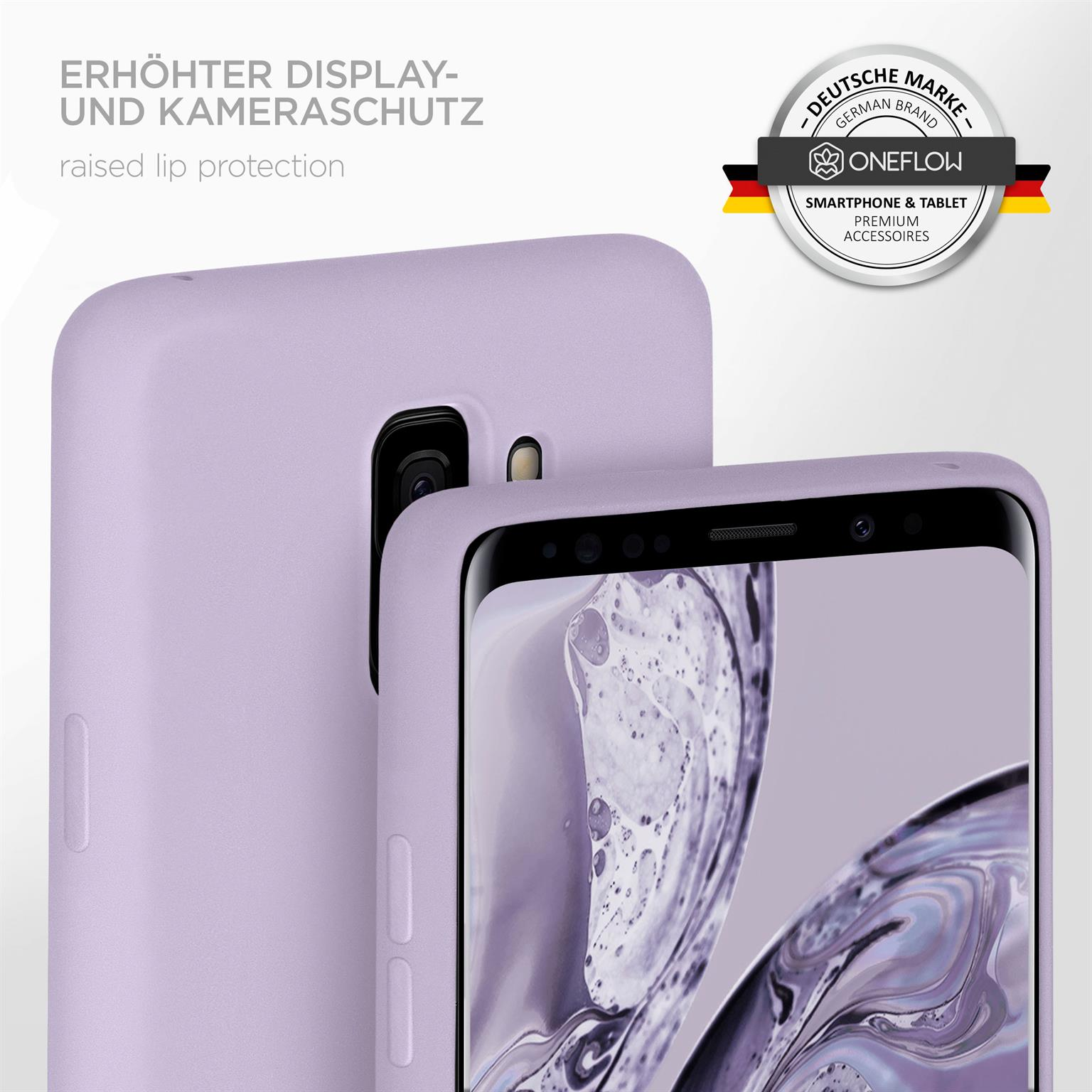 Eine lila Handyhülle bedeckt ein Telefon. Oben rechts ist ein Logo.