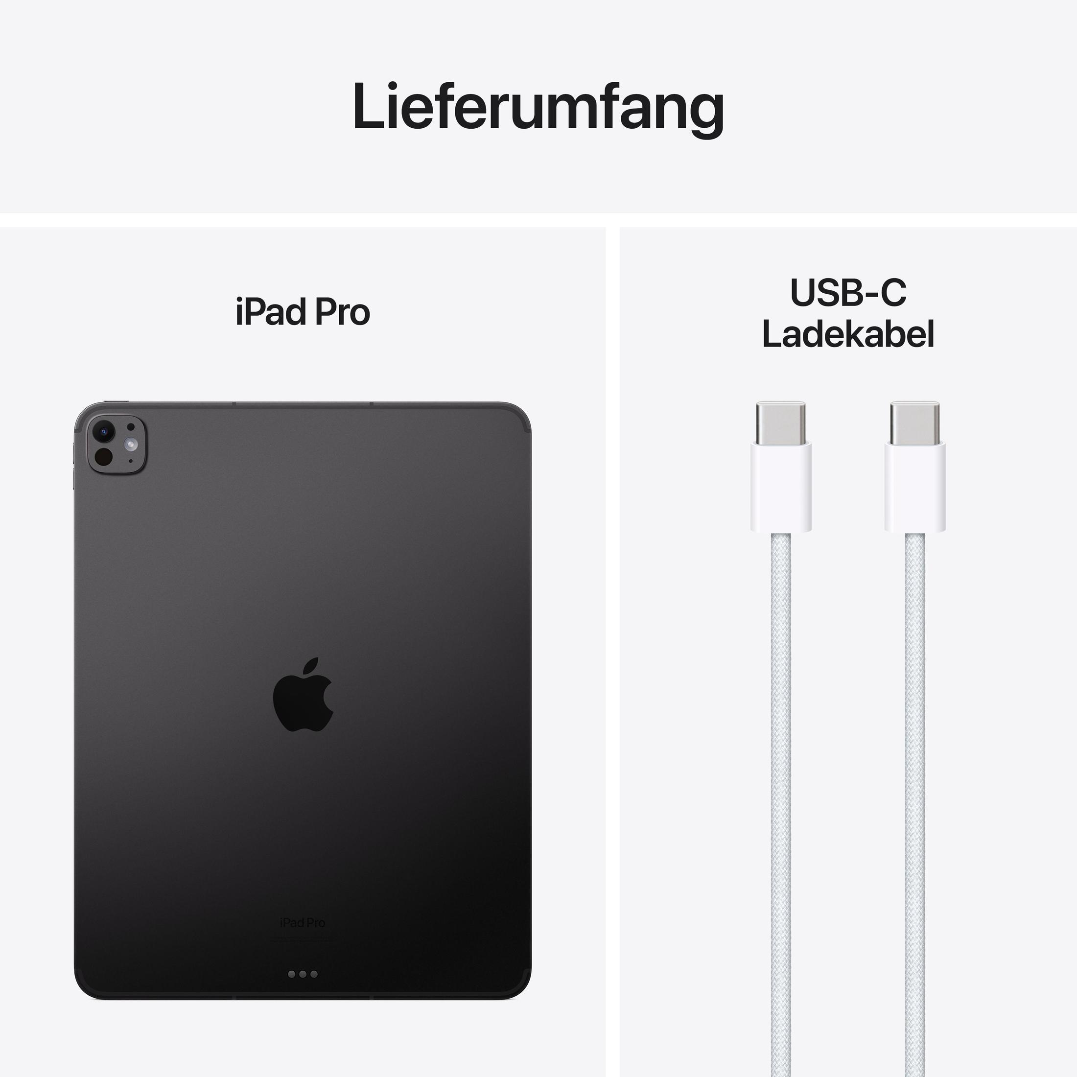 iPad Pro i kabel ładujący USB-C. Oba są na białym tle. iPad jest czarny.