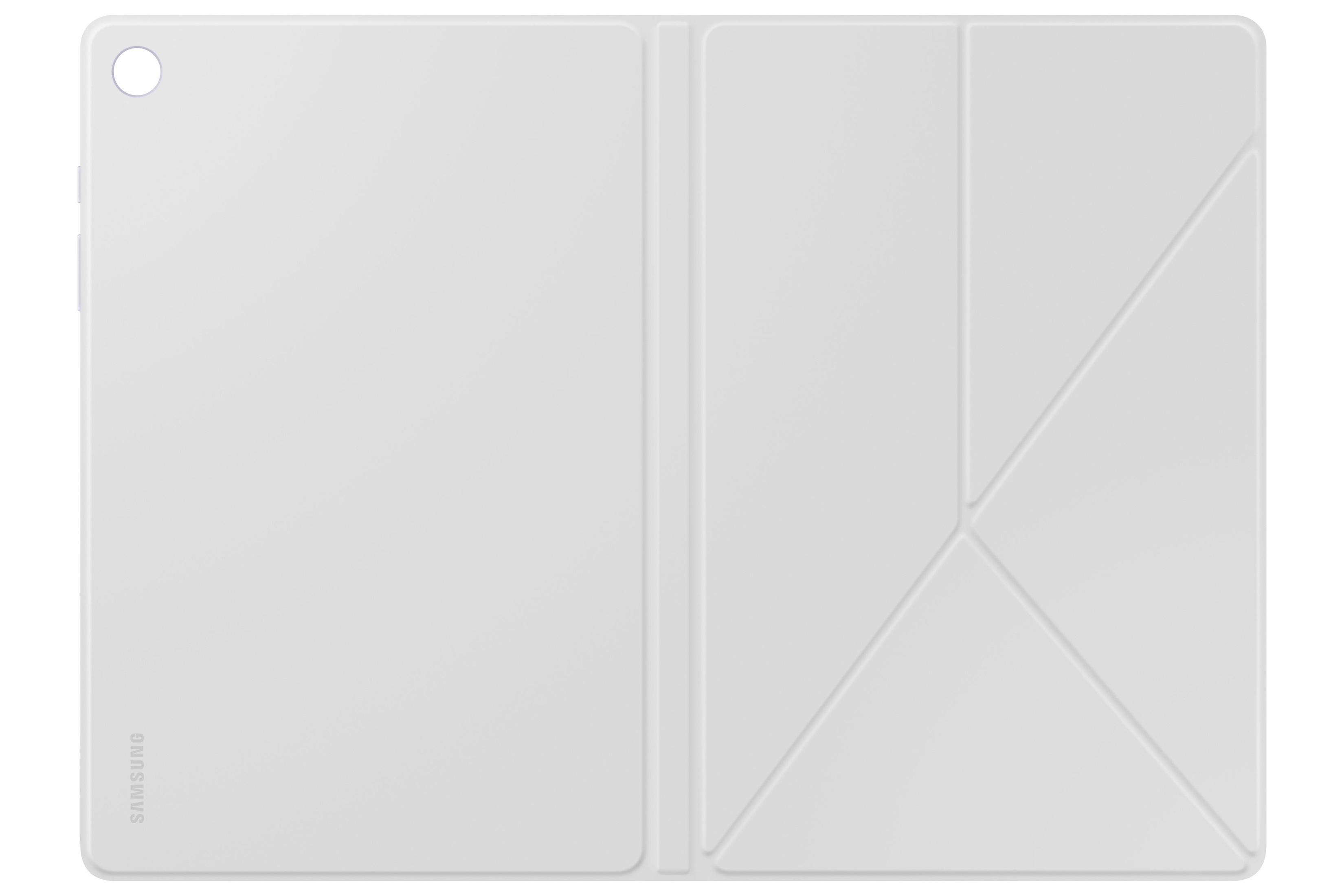 Funda blanca para tablet abierta sobre un fondo blanco. La funda está plegada en forma de triángulo.