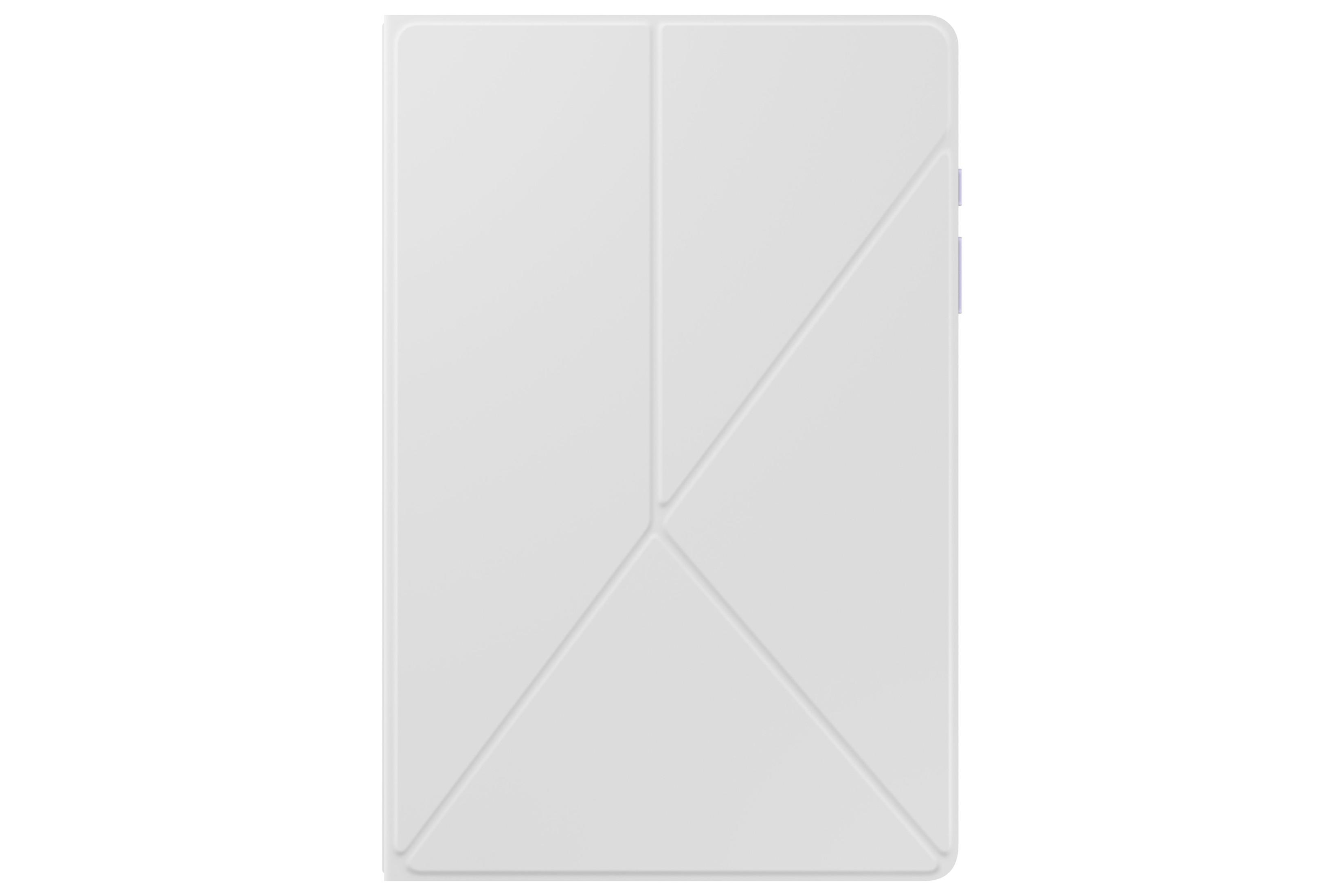 Funda blanca para tableta, plegada. Vista en ángulo. Fondo blanco.