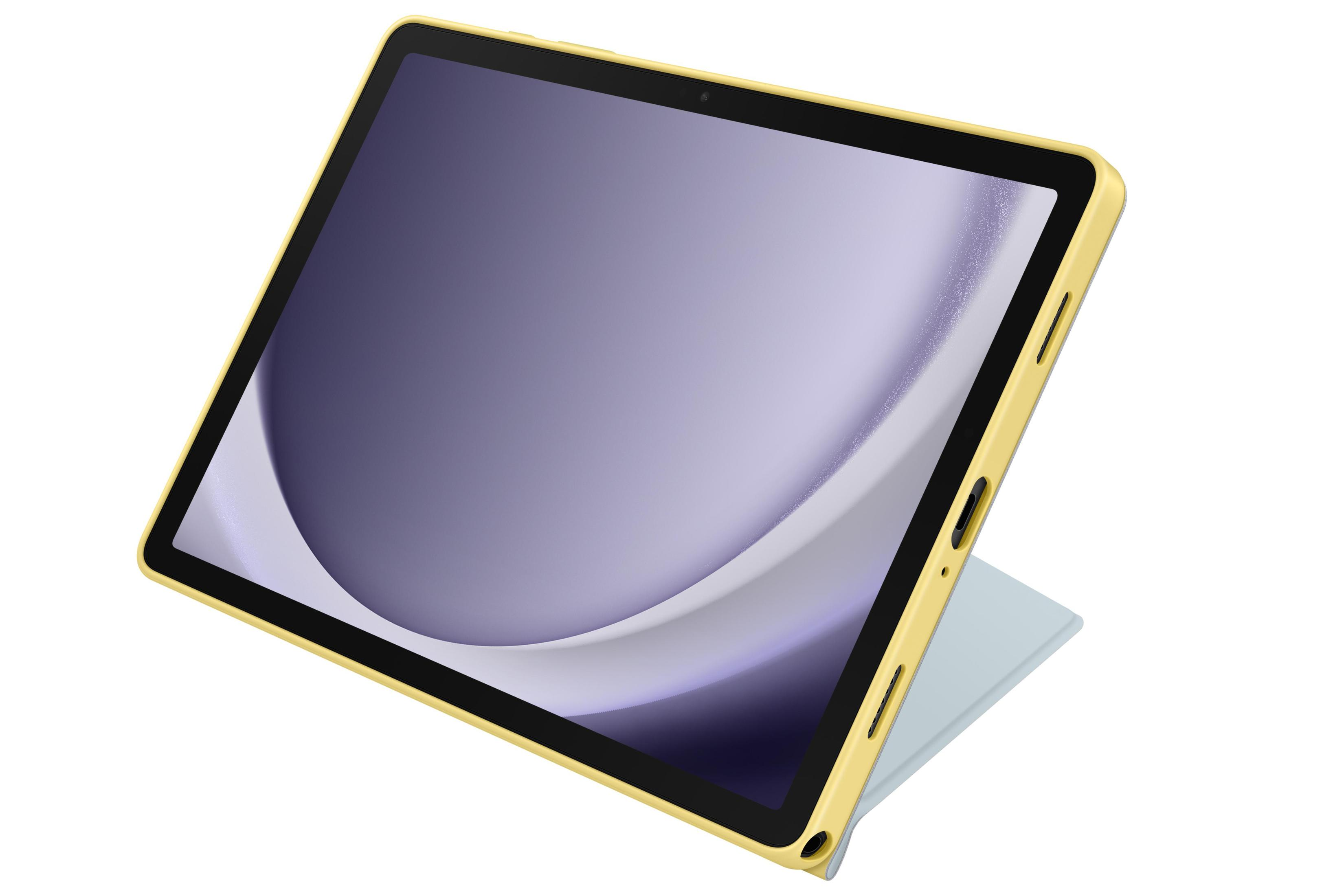 Żółty tablet w etui, widok z boku, jasnoniebieskie podparcie.