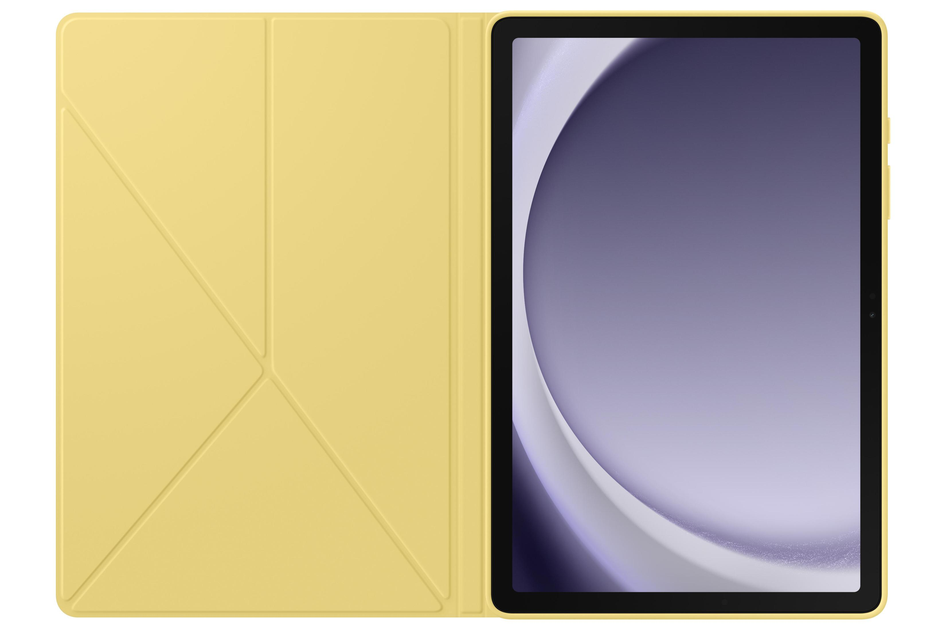 Otwarty żółty futerał na tablet, pokazujący tablet. Etui ma składaną konstrukcję. Ekran pokazuje fioletowy gradient.