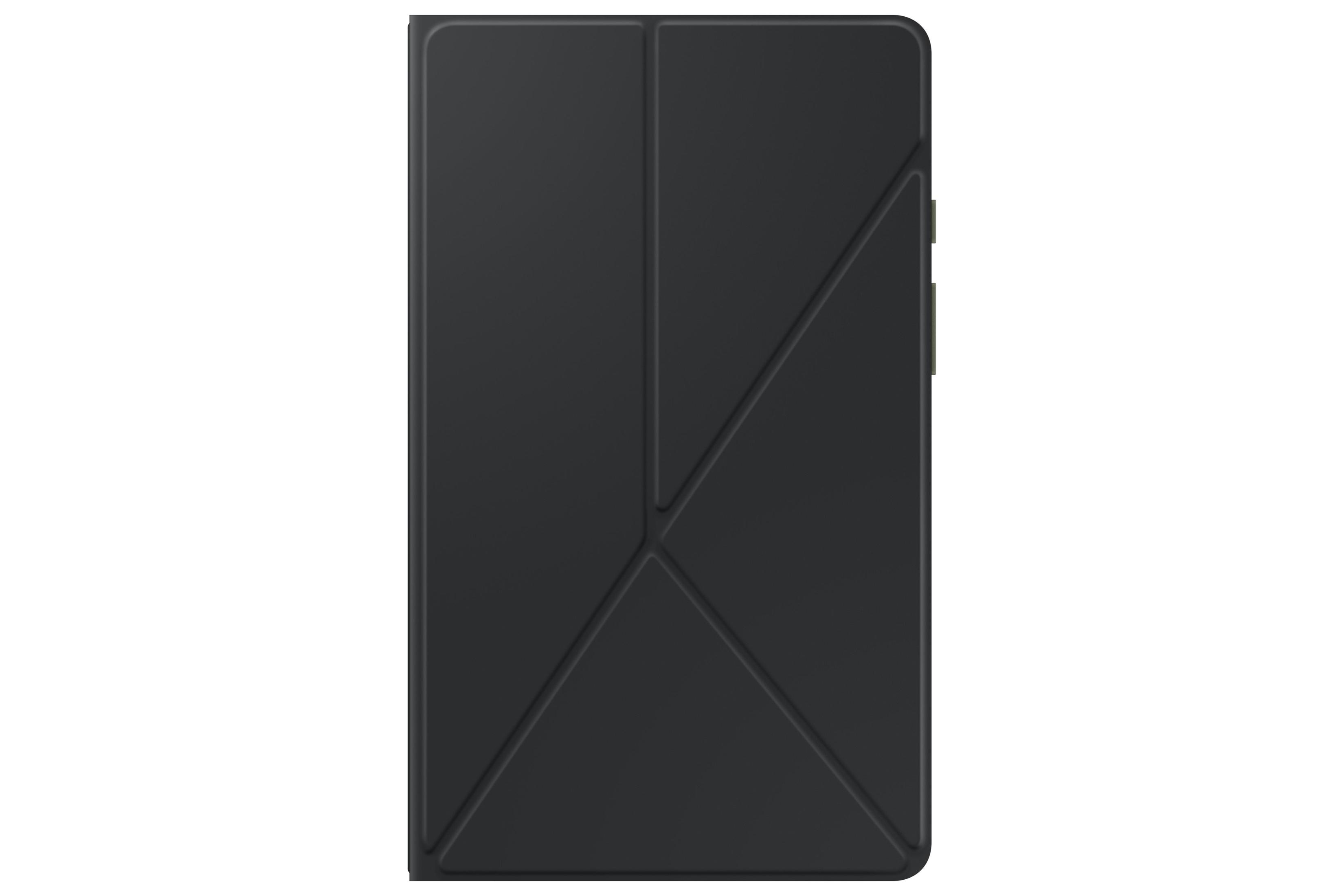 Gefaltete schwarze Tablettasche mit diagonalem Muster. Der Koffer ist geschlossen.