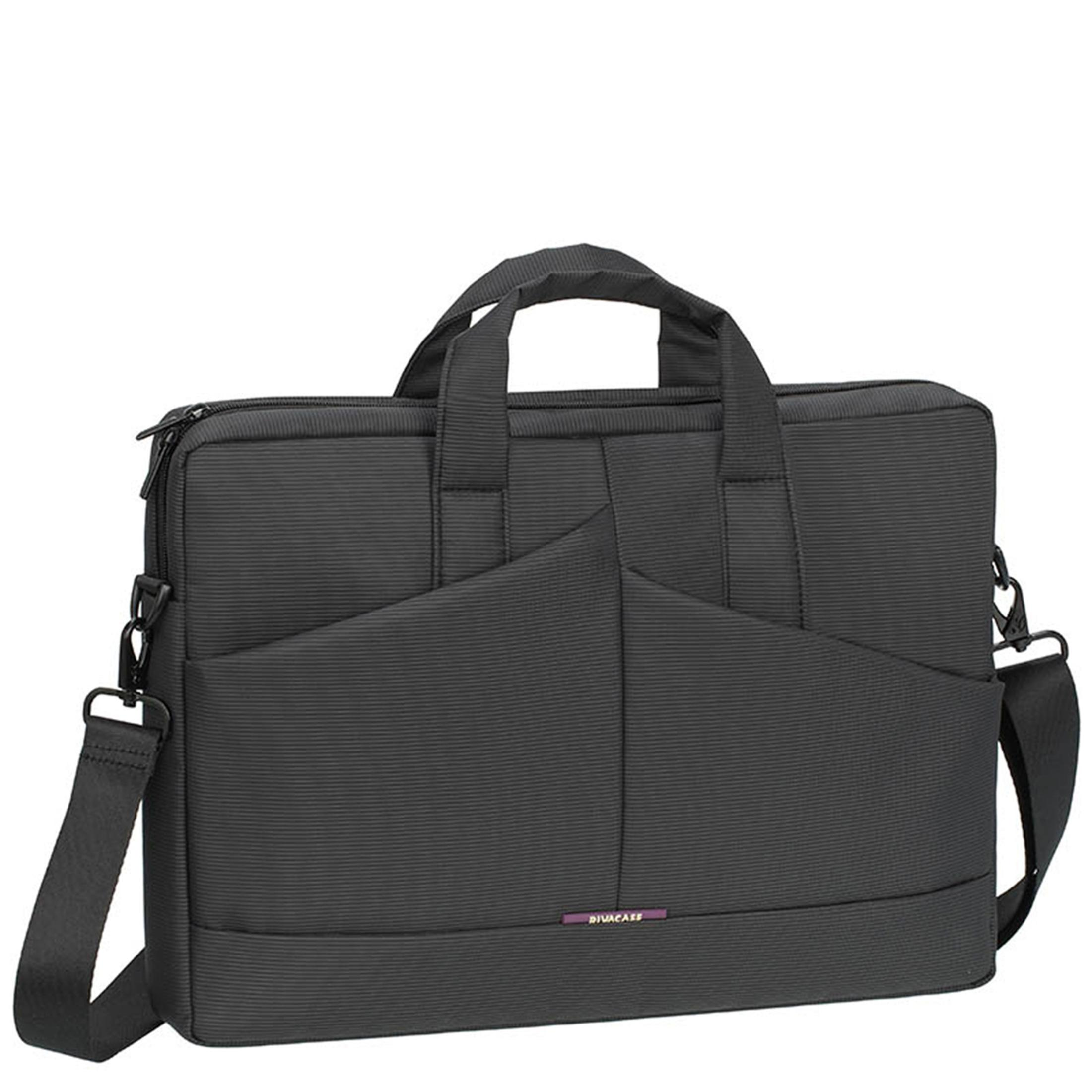 Borsa per laptop nera con manico, tracolla e tasca frontale. Vista frontale.