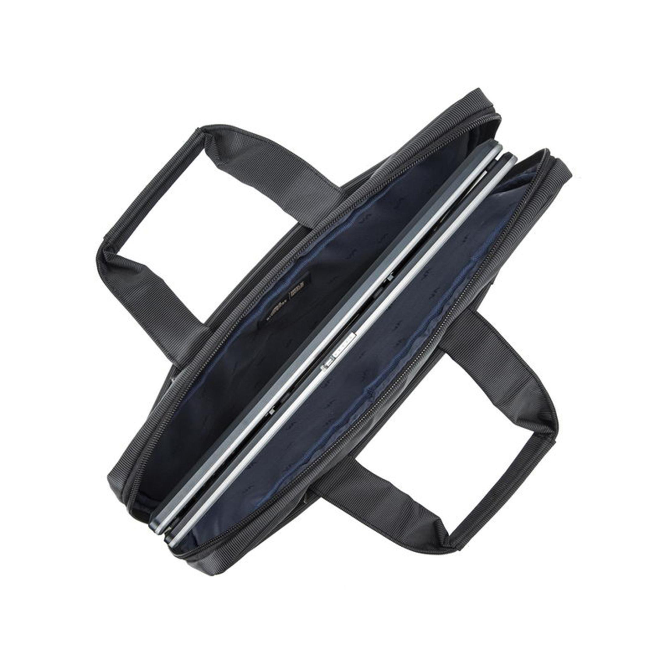 A black laptop bag with handles, open, showing a laptop inside on a white background.