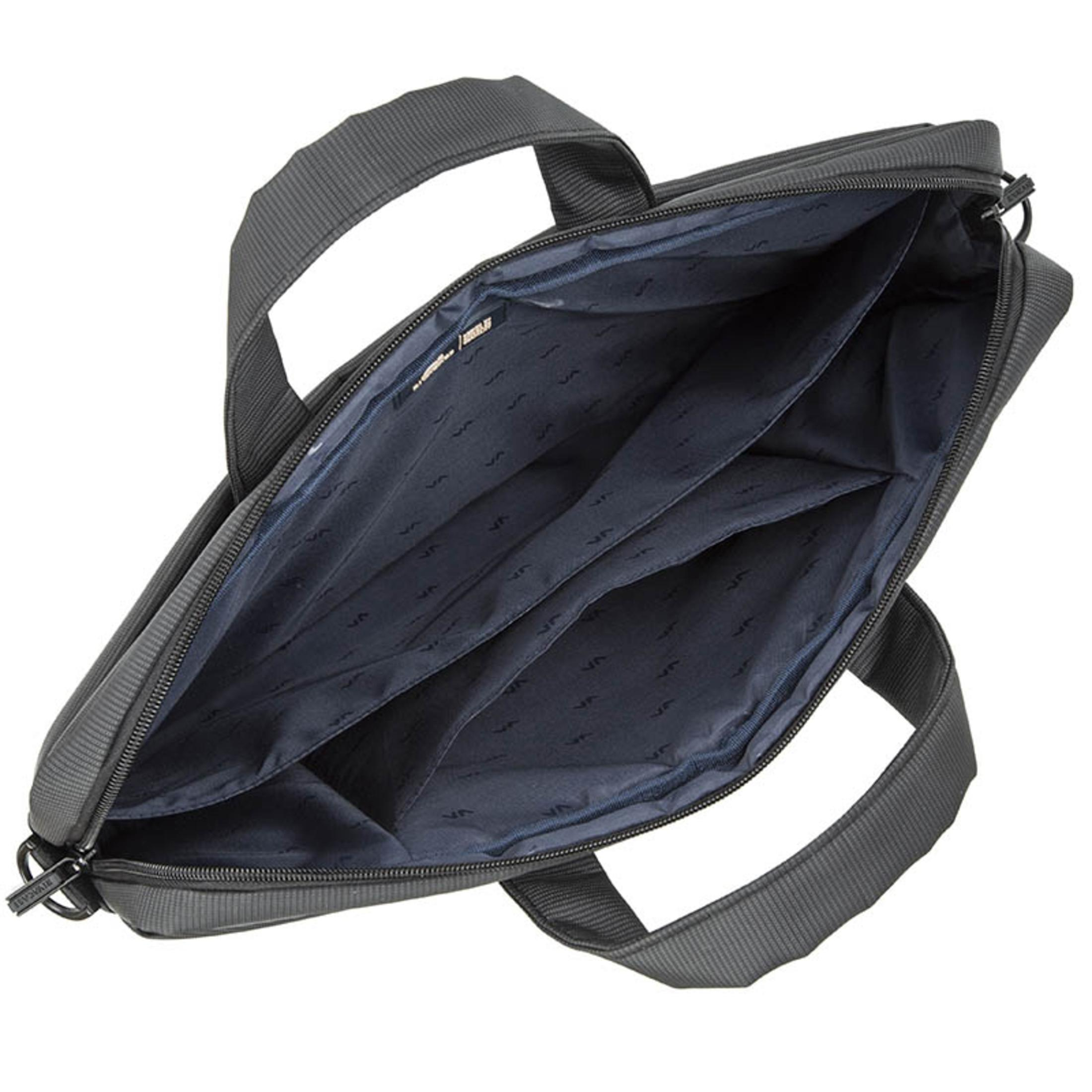Borsa per laptop nera aperta con più scomparti. Ha due manici e una cerniera. Interno blu scuro.