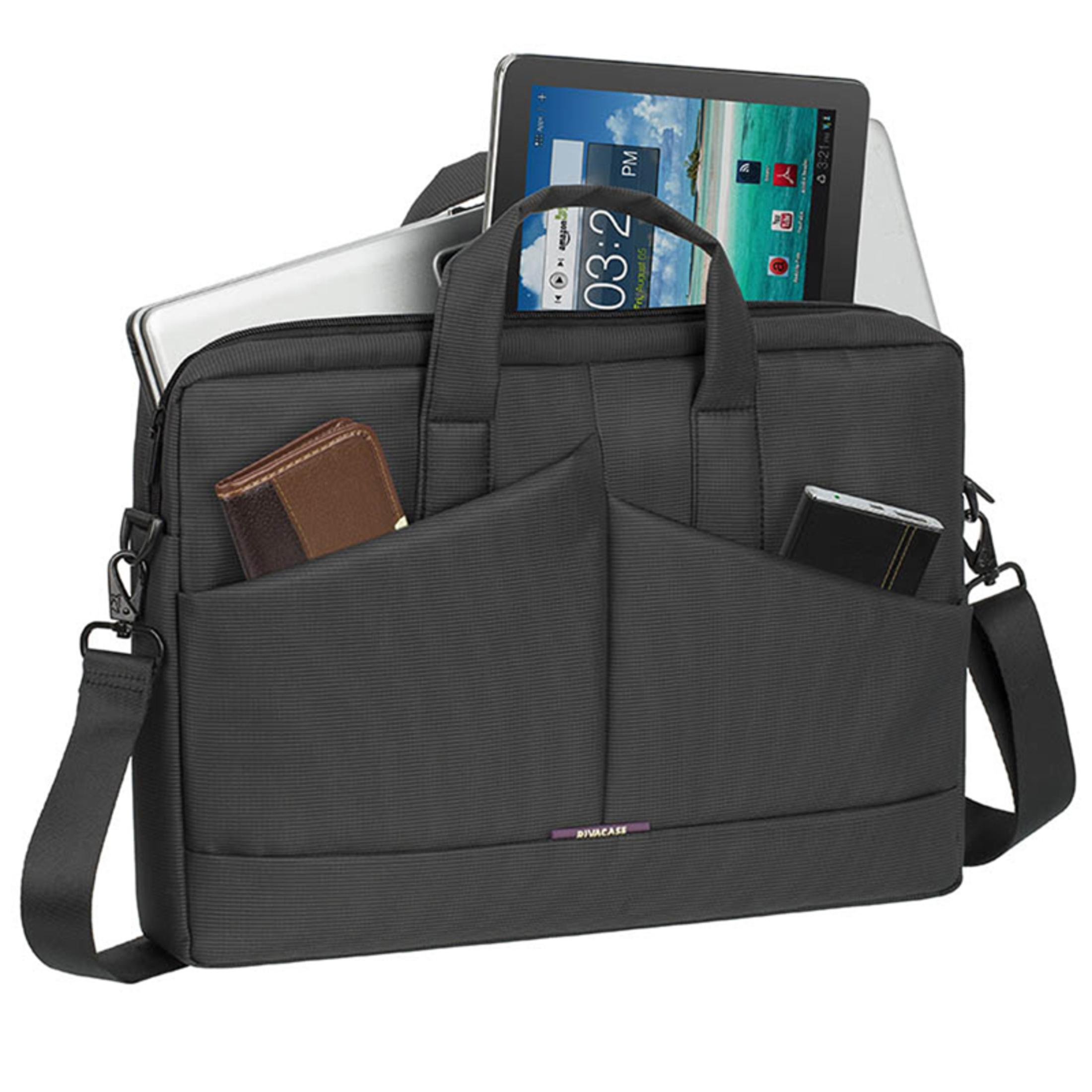 Borsa per laptop nera con un tablet, portafoglio e power bank nelle tasche.