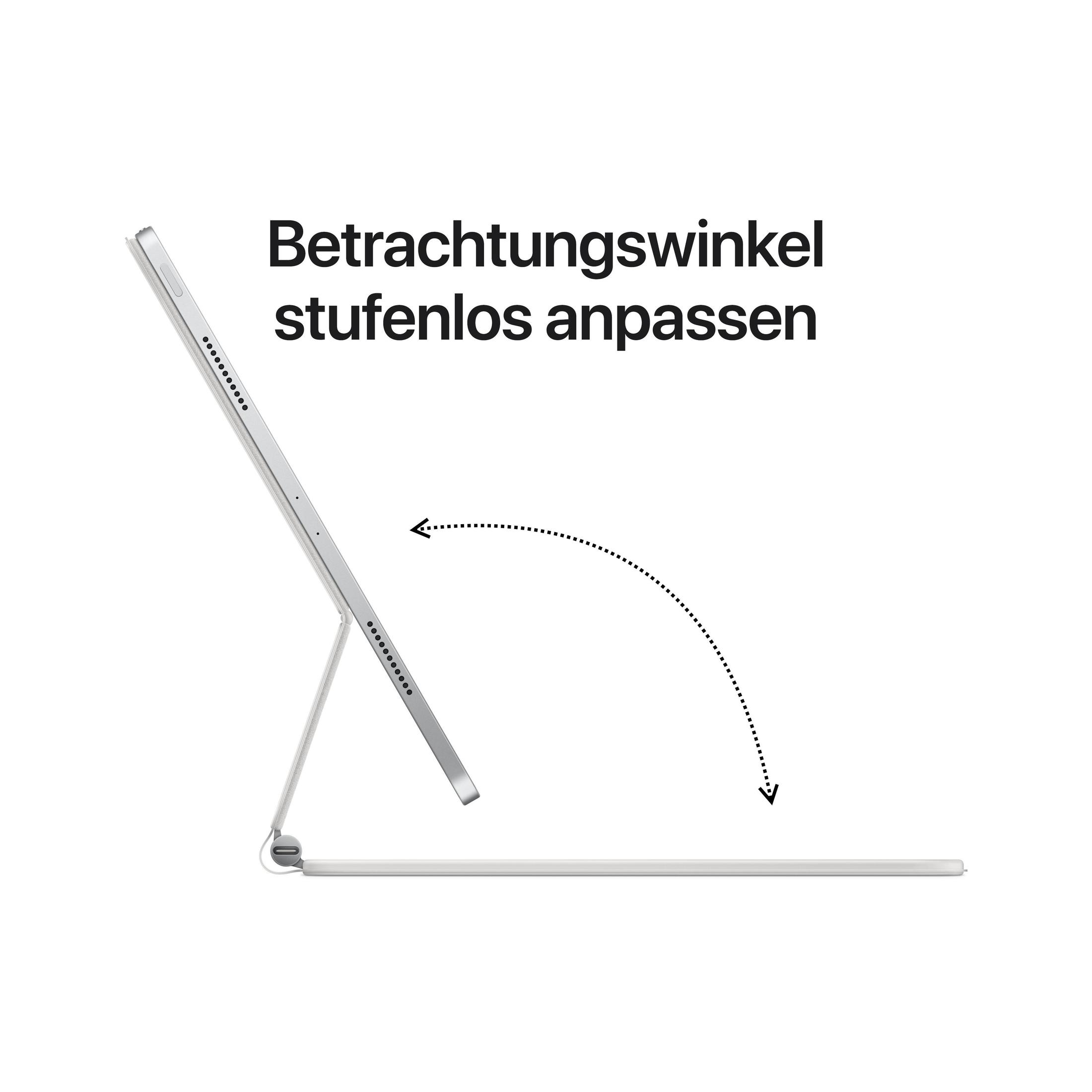 Tablet z klawiaturą. Ekran jest regulowany. Tekst w języku niemieckim: Betrachtungswinkel stufenlos anpassen.