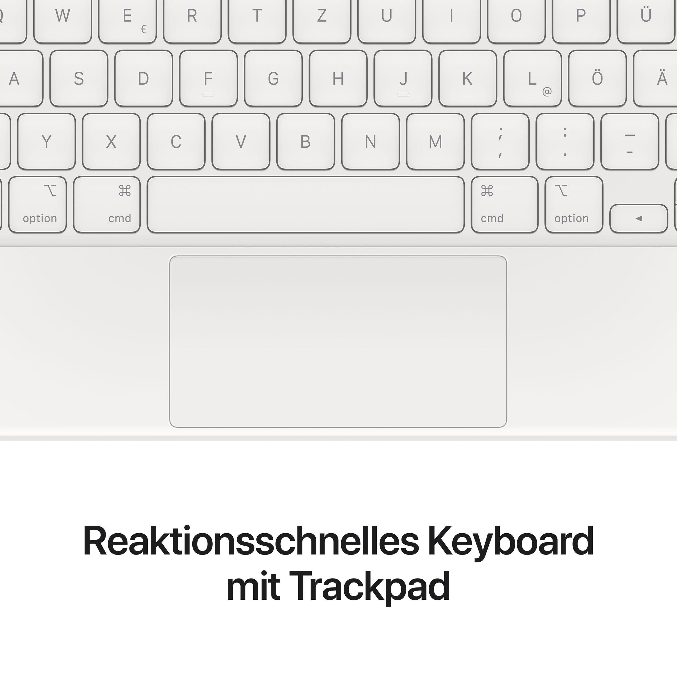 Zbliżenie białej klawiatury i gładzika. Tekst w języku niemieckim: Reaktionsschnelles Keyboard mit Trackpad.