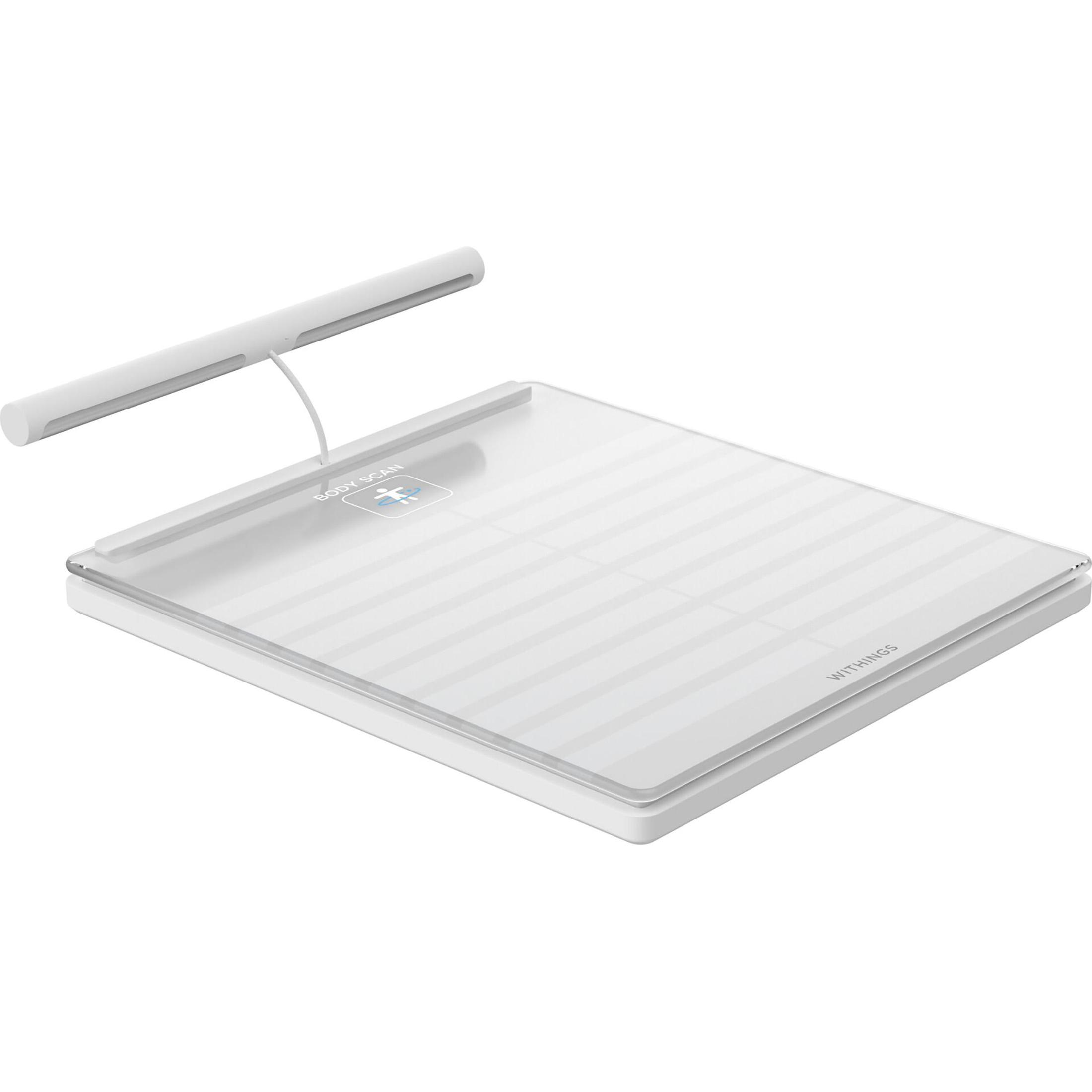 Biała waga do pomiaru składu ciała. Długi, cienki pasek wznosi się z góry. Marka to Withings.