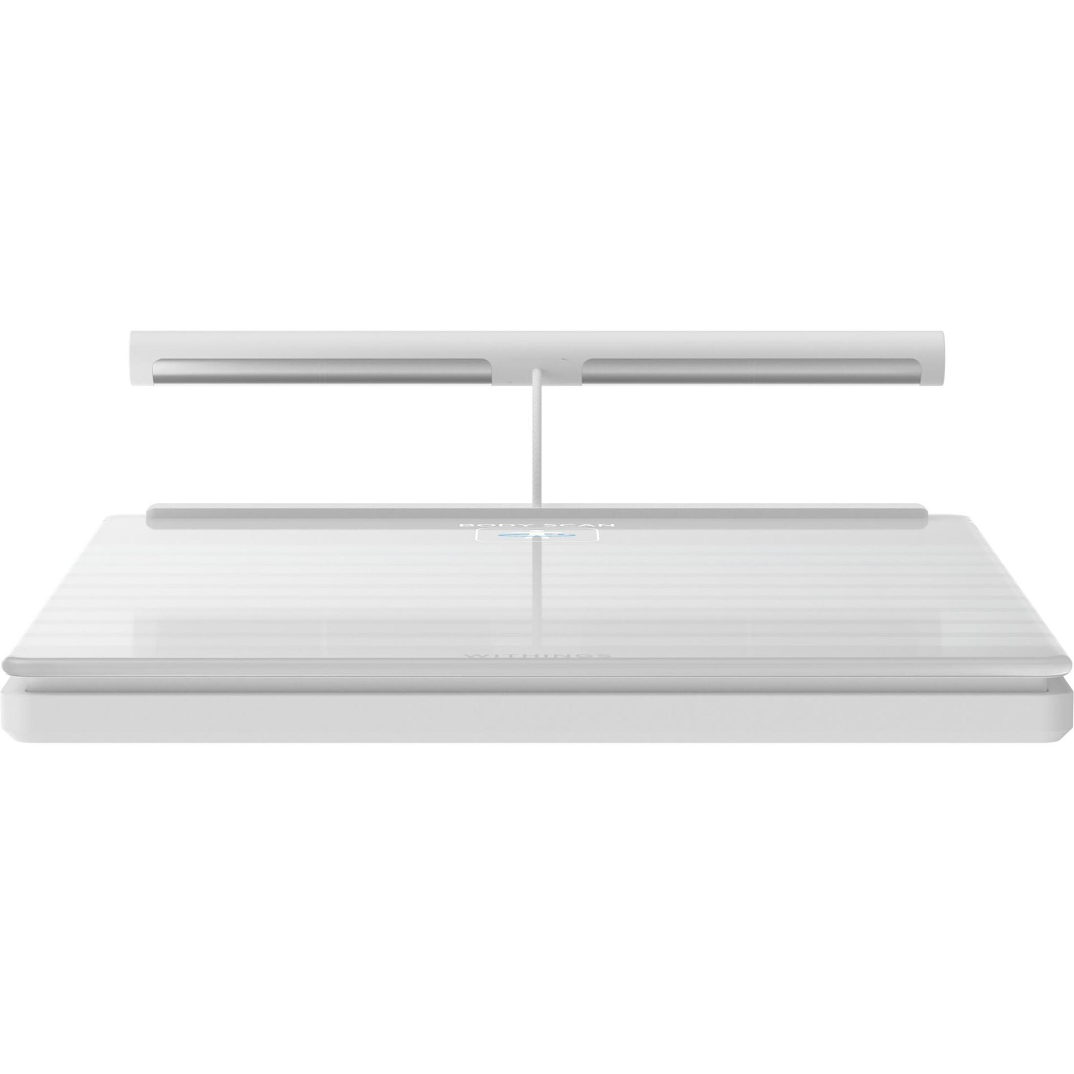 Biała inteligentna waga z poziomym paskiem nad nią.