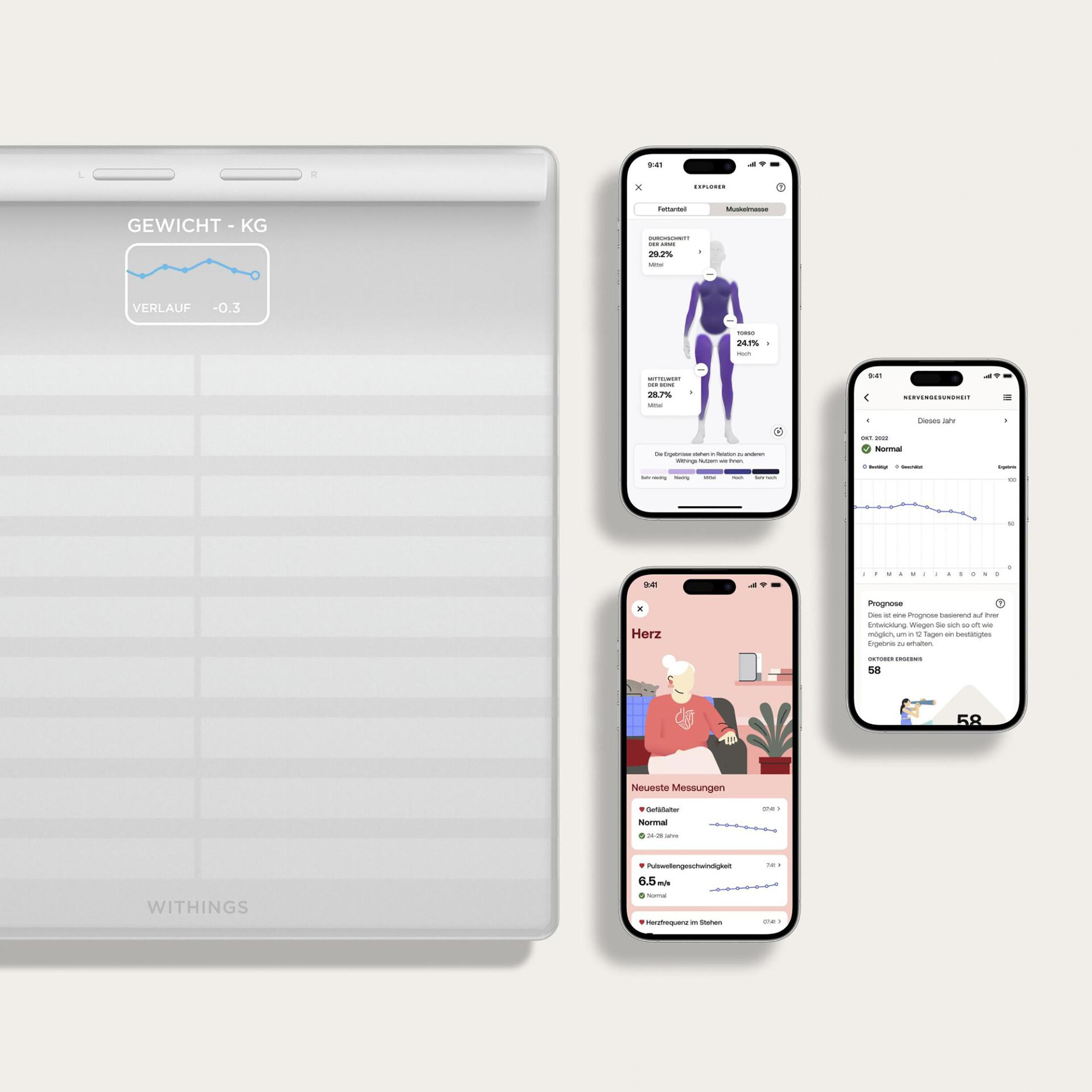 Waga cyfrowa z trzema ekranami telefonów wyświetlającymi wskaźniki ciała i dane dotyczące zdrowia.