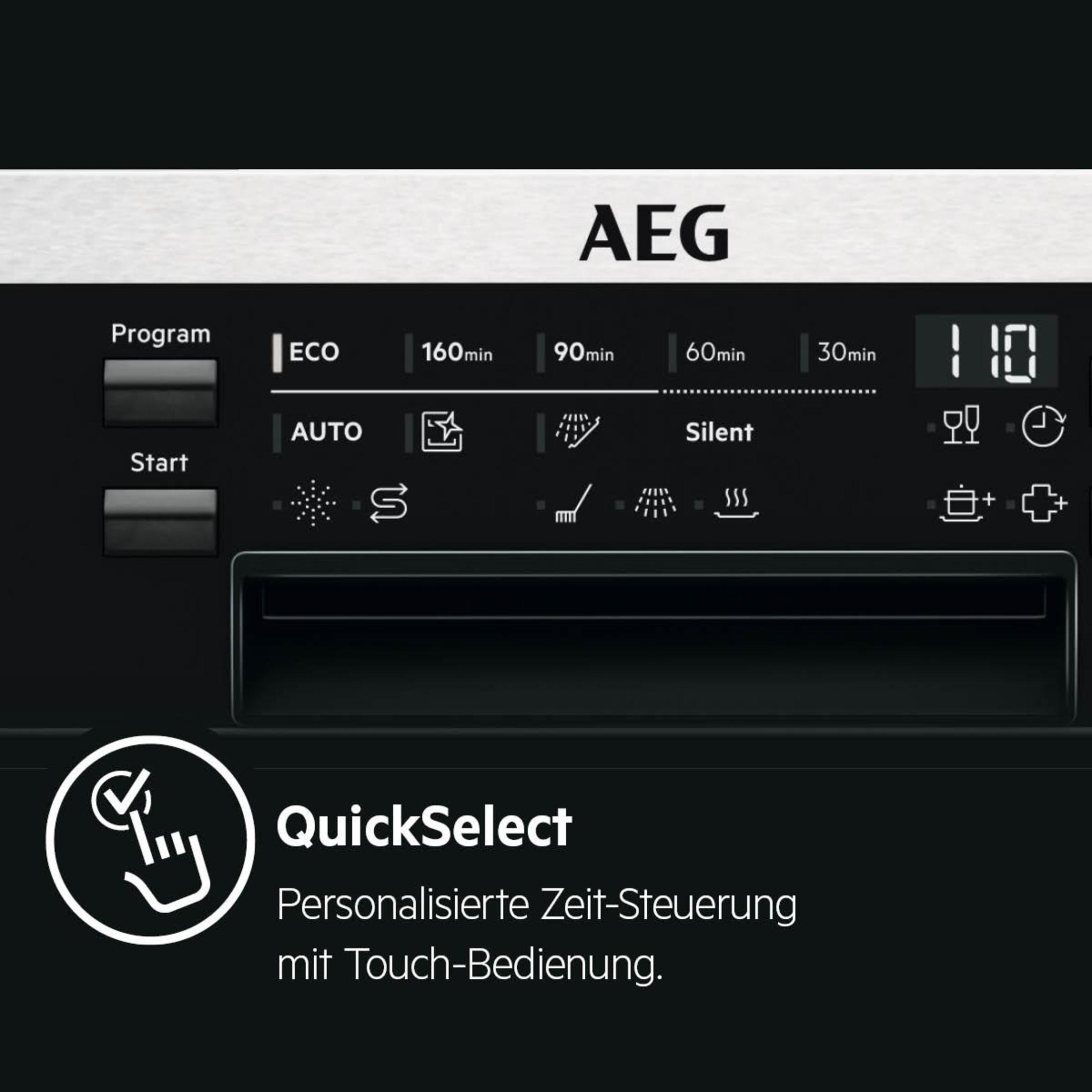 Ein schwarzes AEG-Geschirrspüler-Bedienfeld mit Programm-, Start- und verschiedenen Spülzyklusoptionen.