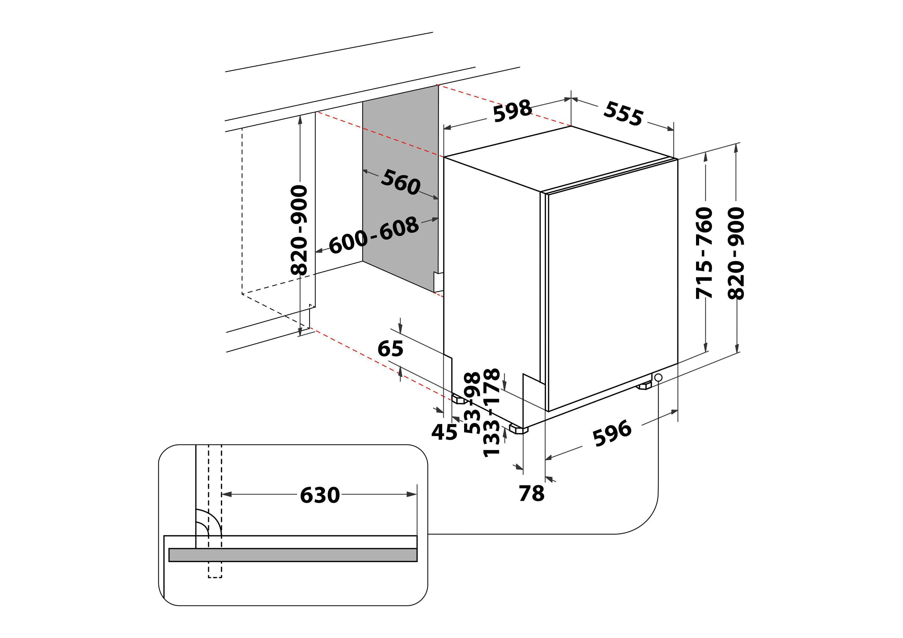 Diagramm eines Einbaugeschirrspülers mit Maßen, einschließlich einer detaillierten Ansicht des Wassereinlasses.