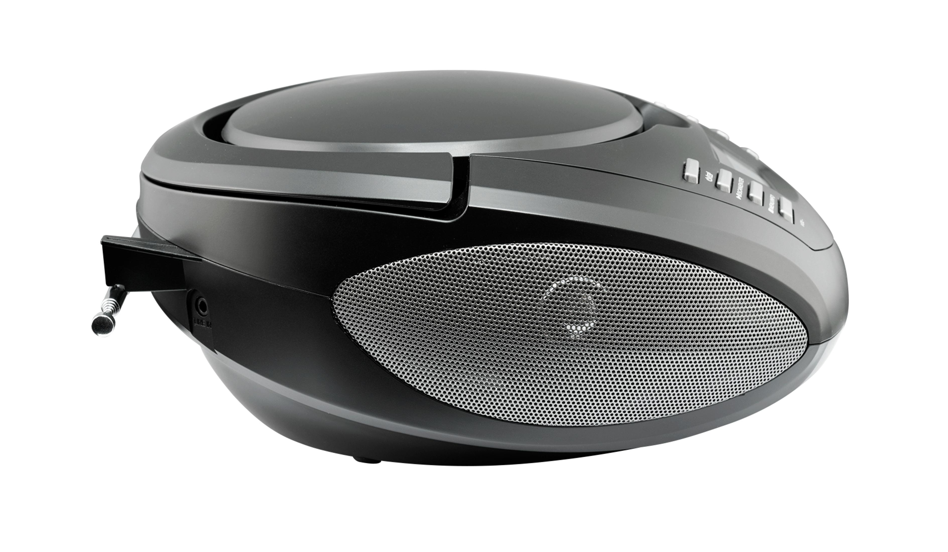 Ein schwarz-graues Stereoanlage mit CD-Player oben, vor weißem Hintergrund.