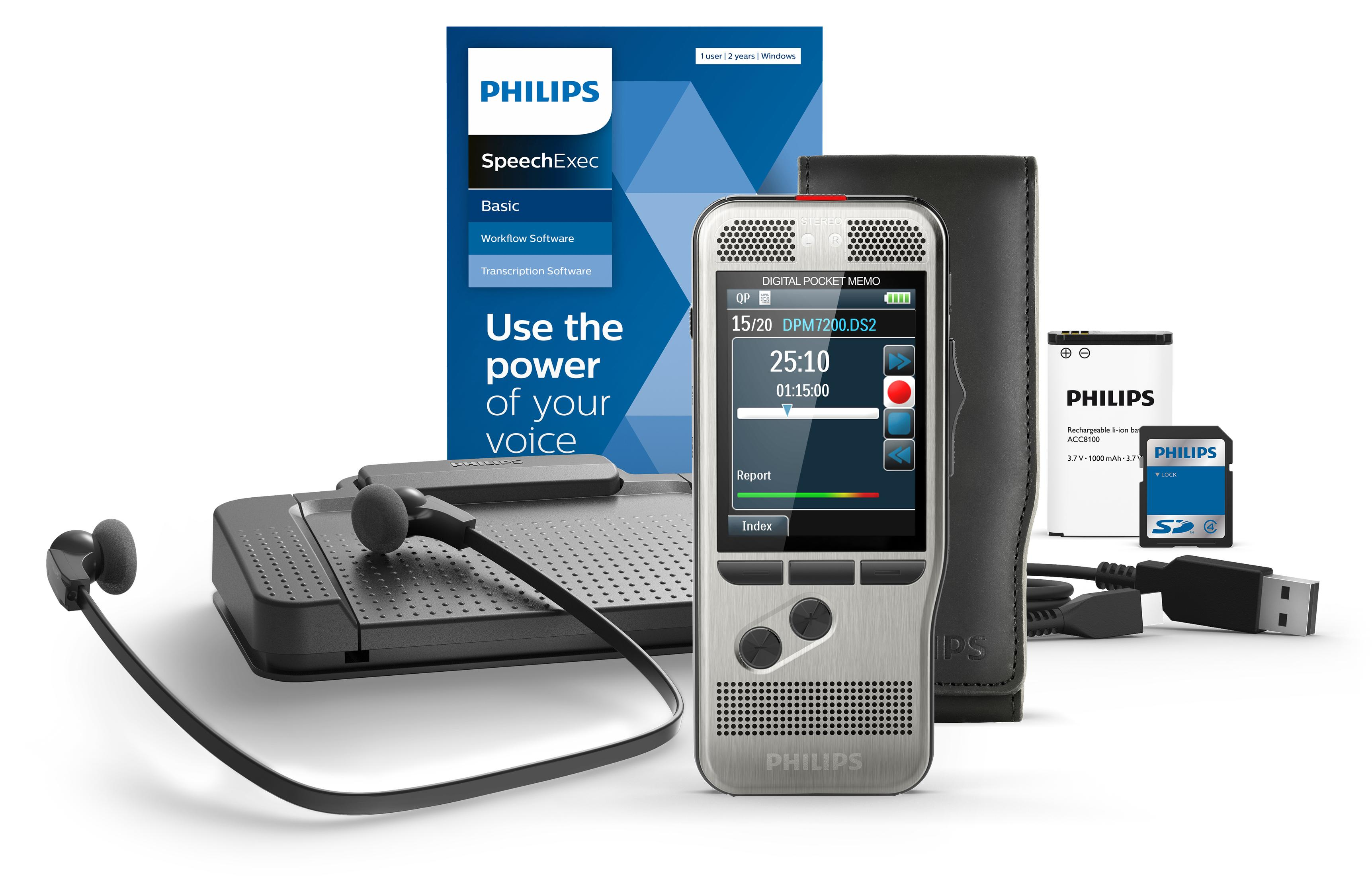 Grabadora de voz Philips, software y accesorios sobre una superficie blanca.