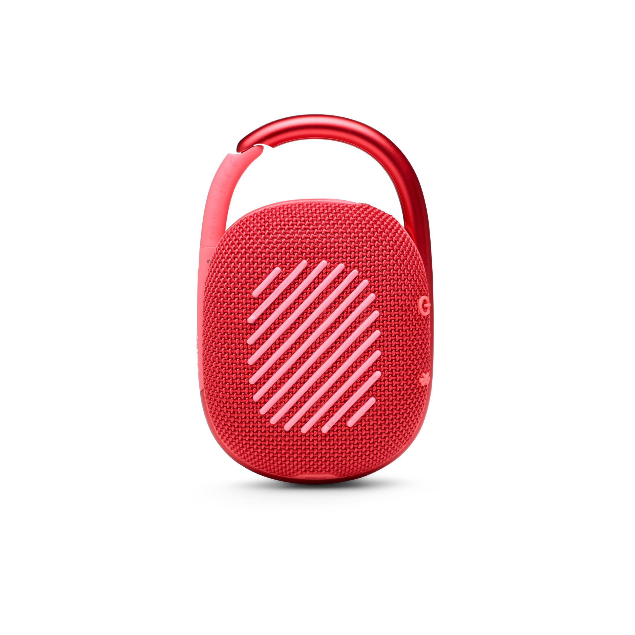 Altavoz portátil rojo y rosa con clip rojo sobre fondo blanco.