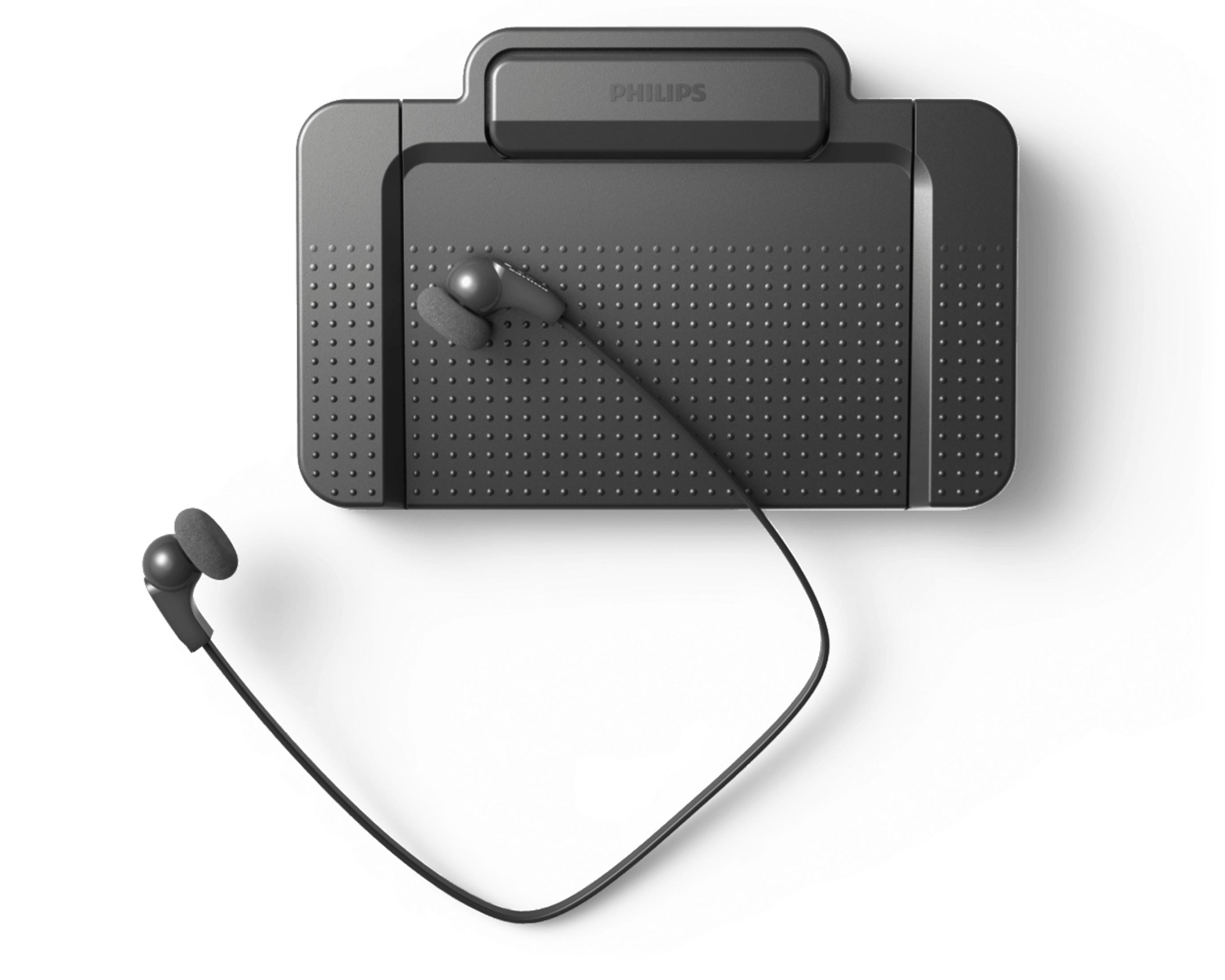Ein schwarzes Philips-Gerät mit angeschlossenen schwarzen Ohrhörern. Das Gerät hat ein kleines Philips-Logo.