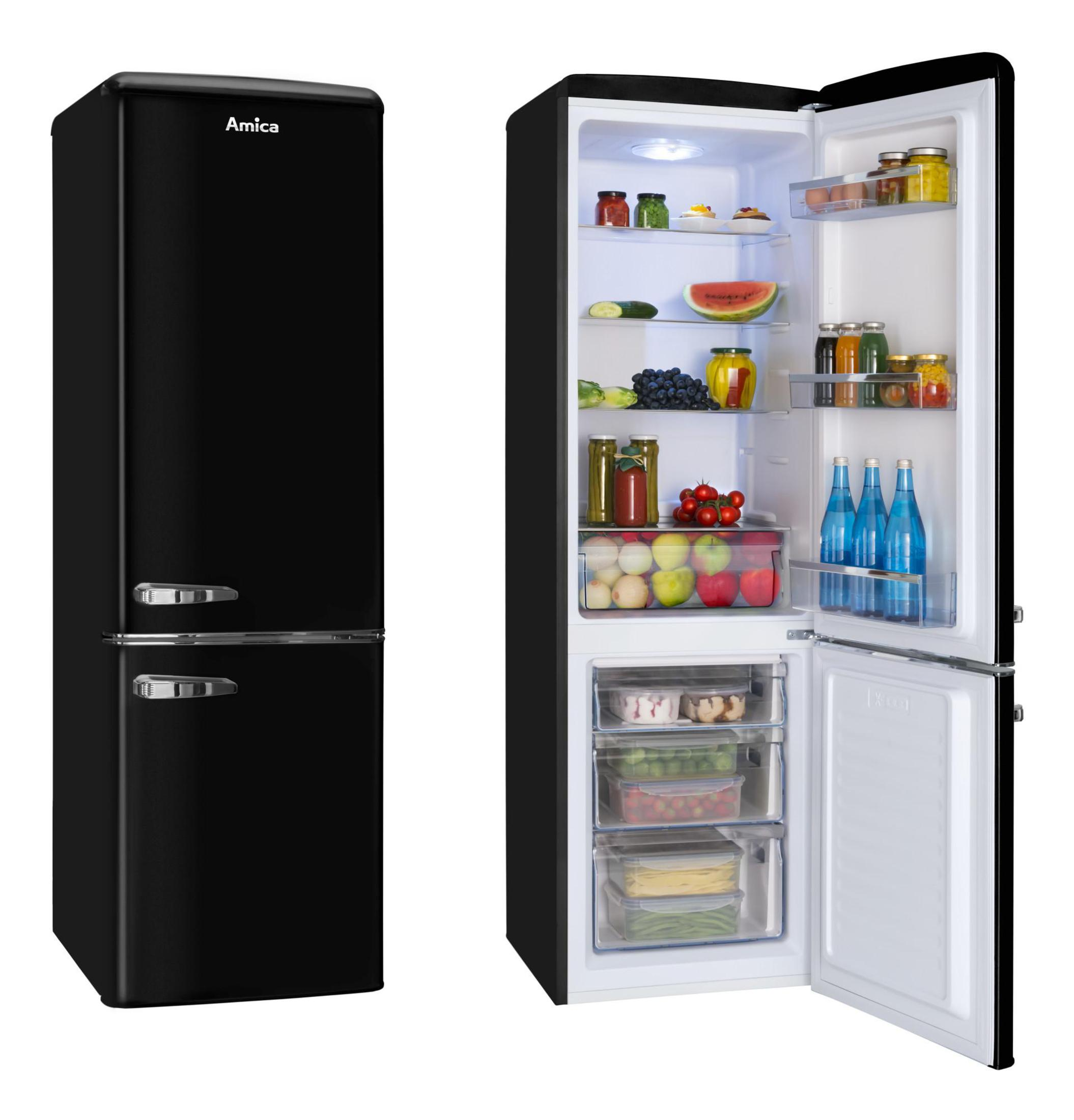 Schwarzer Retro-Kühlschrank, Tür geöffnet, um Lebensmittel zu zeigen.