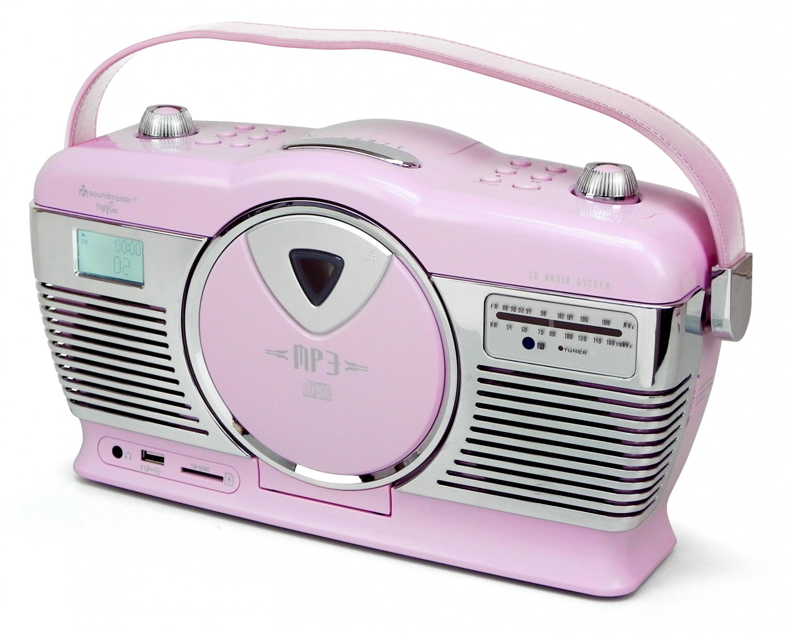 Rosa Radio im Retro-Stil mit CD-Player. Griff und silberne Akzente.