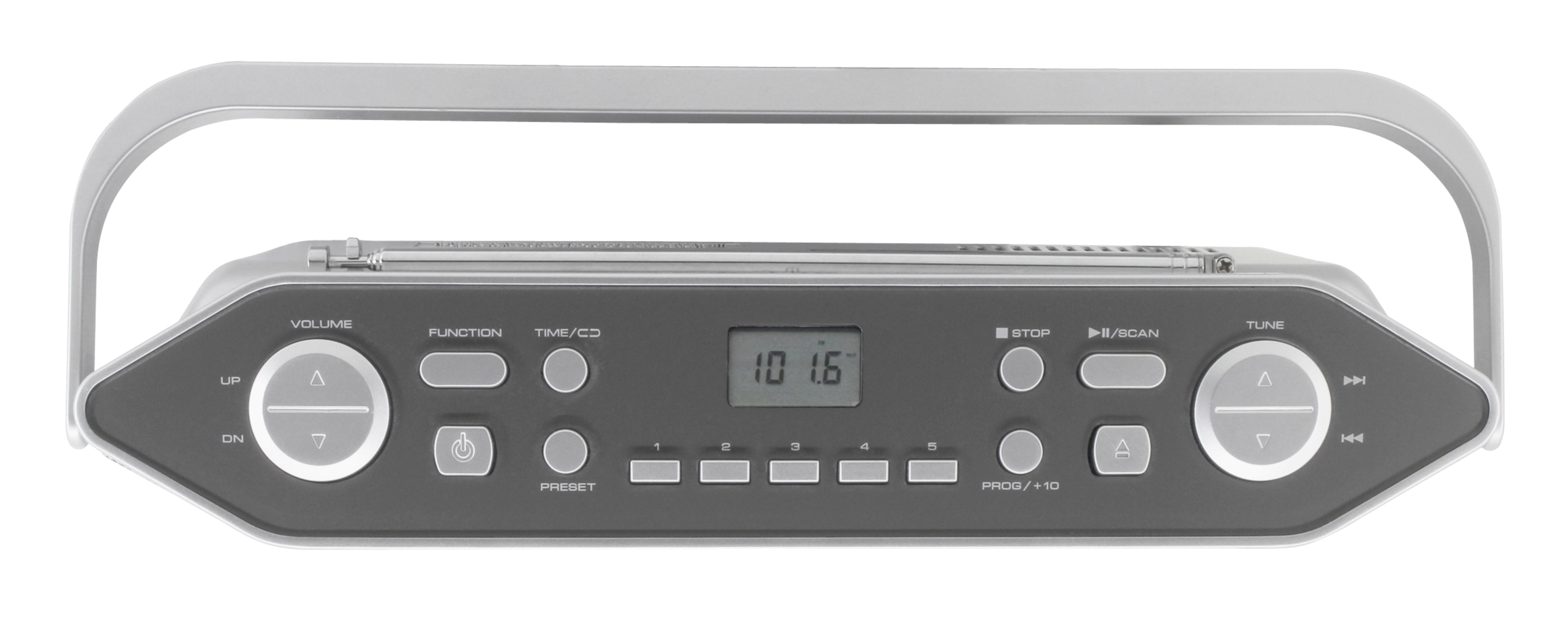 Radio mit Griff, Knöpfen und Display. Grau-schwarzes Design. Weißer Hintergrund.