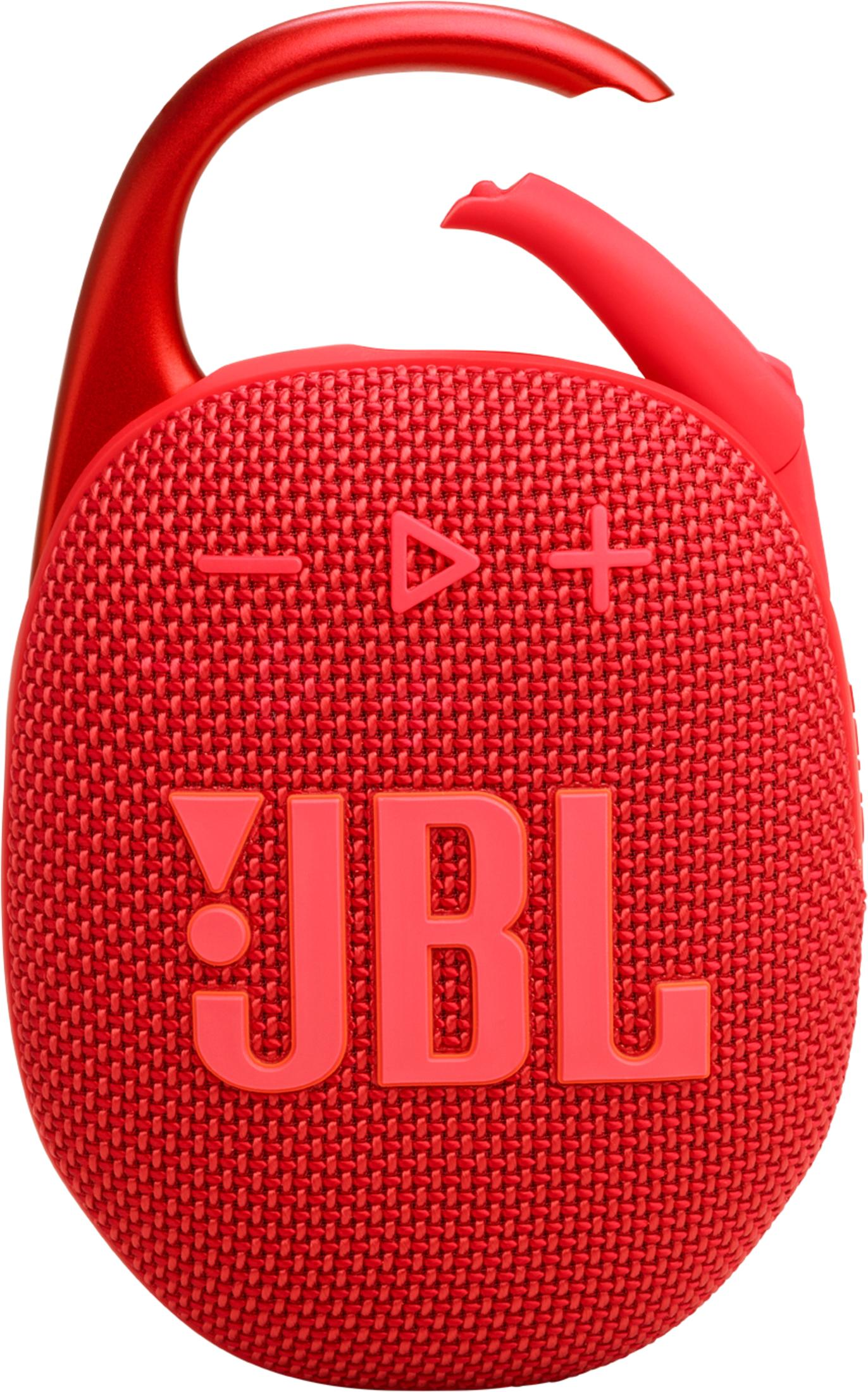 Altoparlante JBL Clip rosso con clip e logo JBL.
