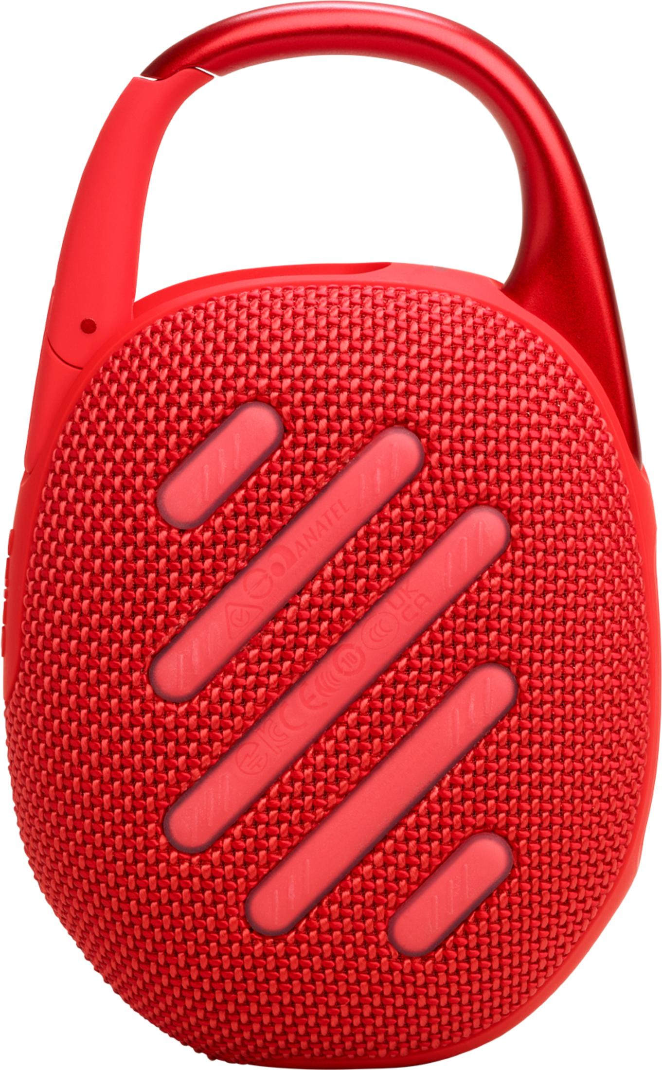 Altoparlante JBL Clip rosso con moschettone rosso. Superficie strutturata.