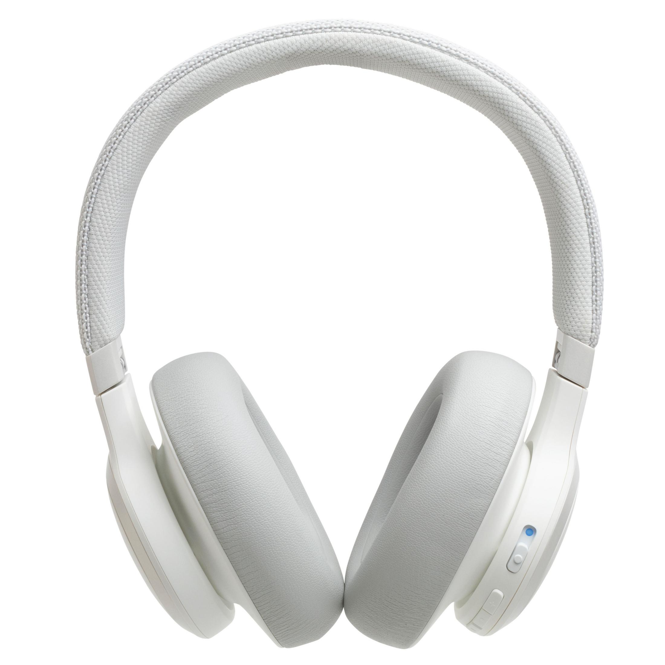 Weiße Kopfhörer. Over-Ear-Stil, mit weißem Bügel und Ohrmuscheln.